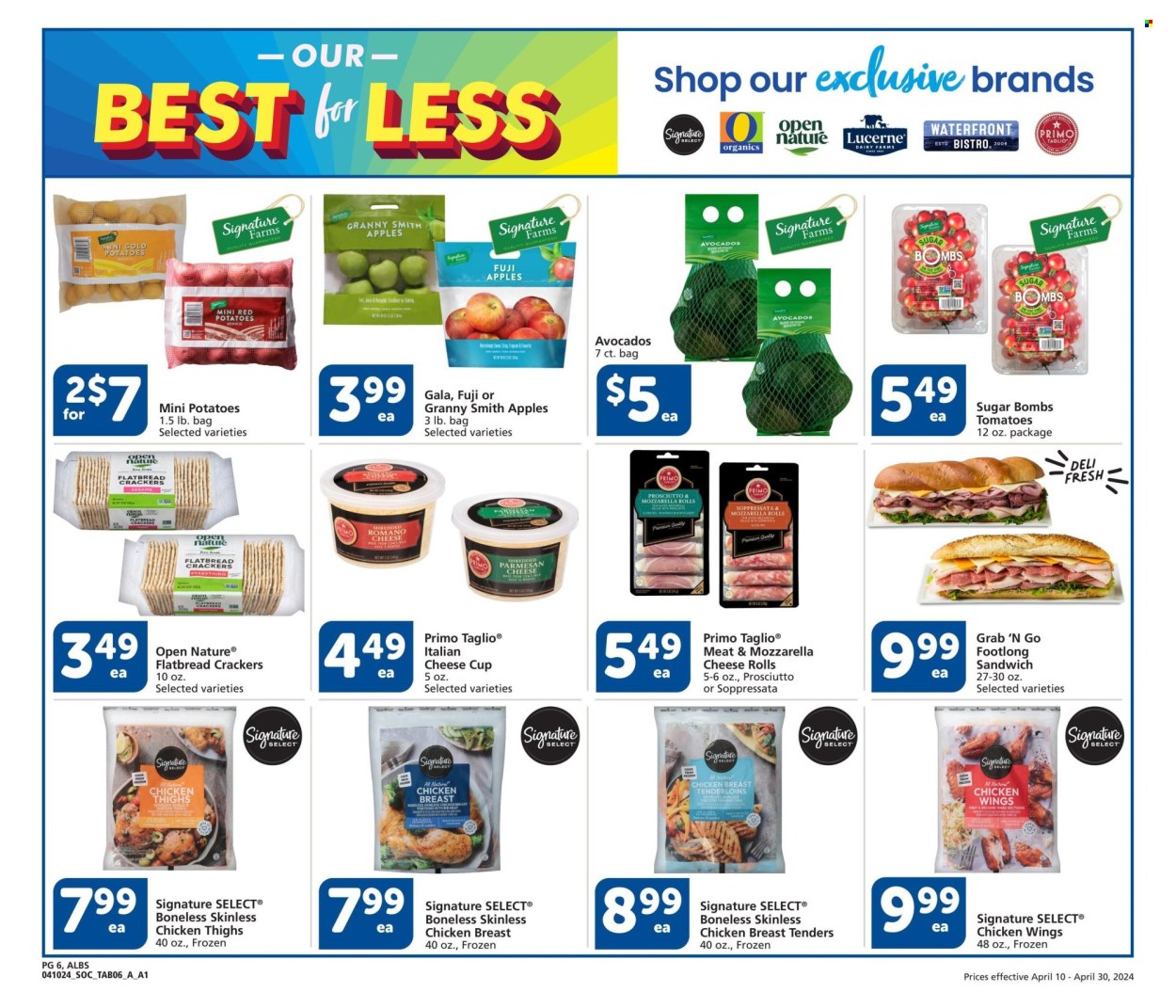 thumbnail - Albertsons Flyer - 04/10/2024 - 04/30/2024 - Sales products - flatbread, crackers, chicken tenders, potatoes, avocado, cheese rolls, cheese cup, cheese, chicken wings, chicken, chicken breasts, chicken thighs, apples, Gala, Granny Smith, tomatoes, sandwich. Page 6.