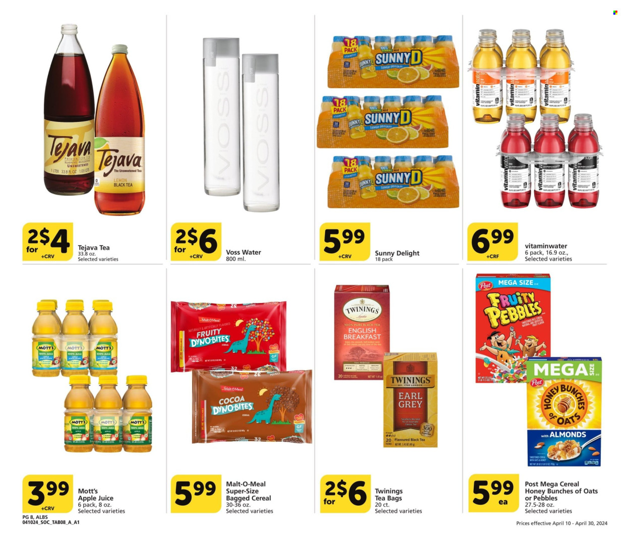 thumbnail - Albertsons Flyer - 04/10/2024 - 04/30/2024 - Sales products - fruit drink, tea bags, Twinings, electrolyte drink, vitamin water, cereals, mineral water, Voss, water, tea, Mott's, apple juice, juice. Page 8.