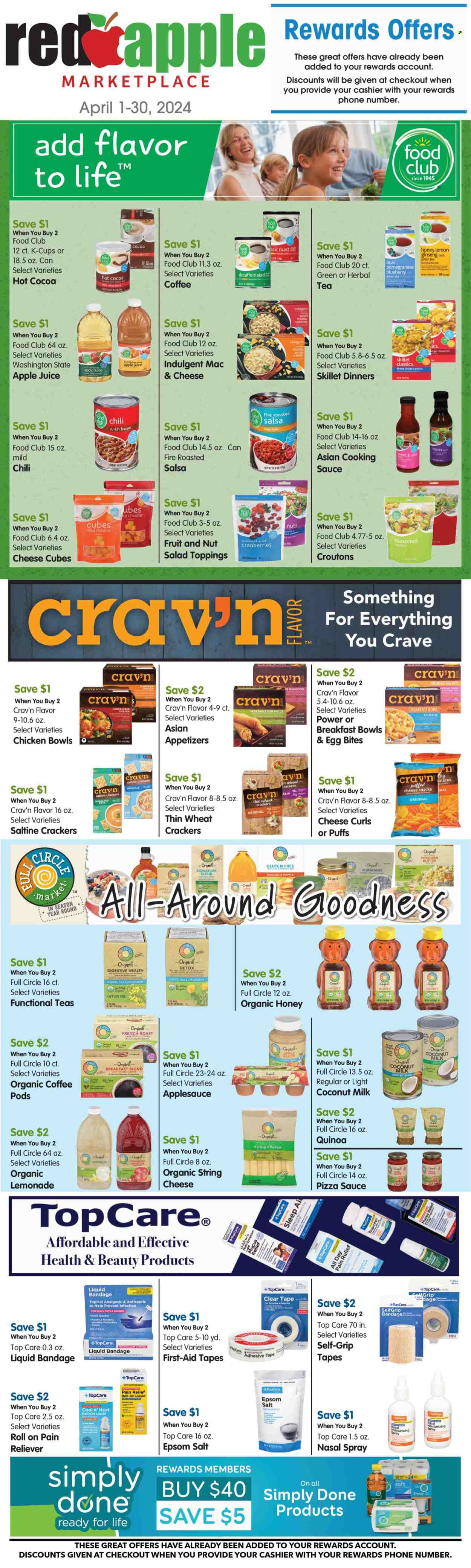 thumbnail - Red Apple Marketplace Flyer - 04/01/2024 - 04/30/2024 - Sales products - puffs, macaroni & cheese, macaroni, snack, pasta, egg rolls, breakfast bowl, ready meal, uncured ham, gouda, mild cheddar, string cheese, cheddar, plant-based milk, milk chocolate, crackers, popcorn, salty snack, croutons, topping, coconut milk, cranberries, pizza sauce, quinoa, hoisin sauce, dressing, salsa, apple sauce, dried fruit, apple juice, lemonade, juice, hot cocoa, green tea, herbal tea, tea bags, coffee pods, organic coffee, coffee capsules, K-Cups, breakfast blend, chicken, Fairy. Page 1.