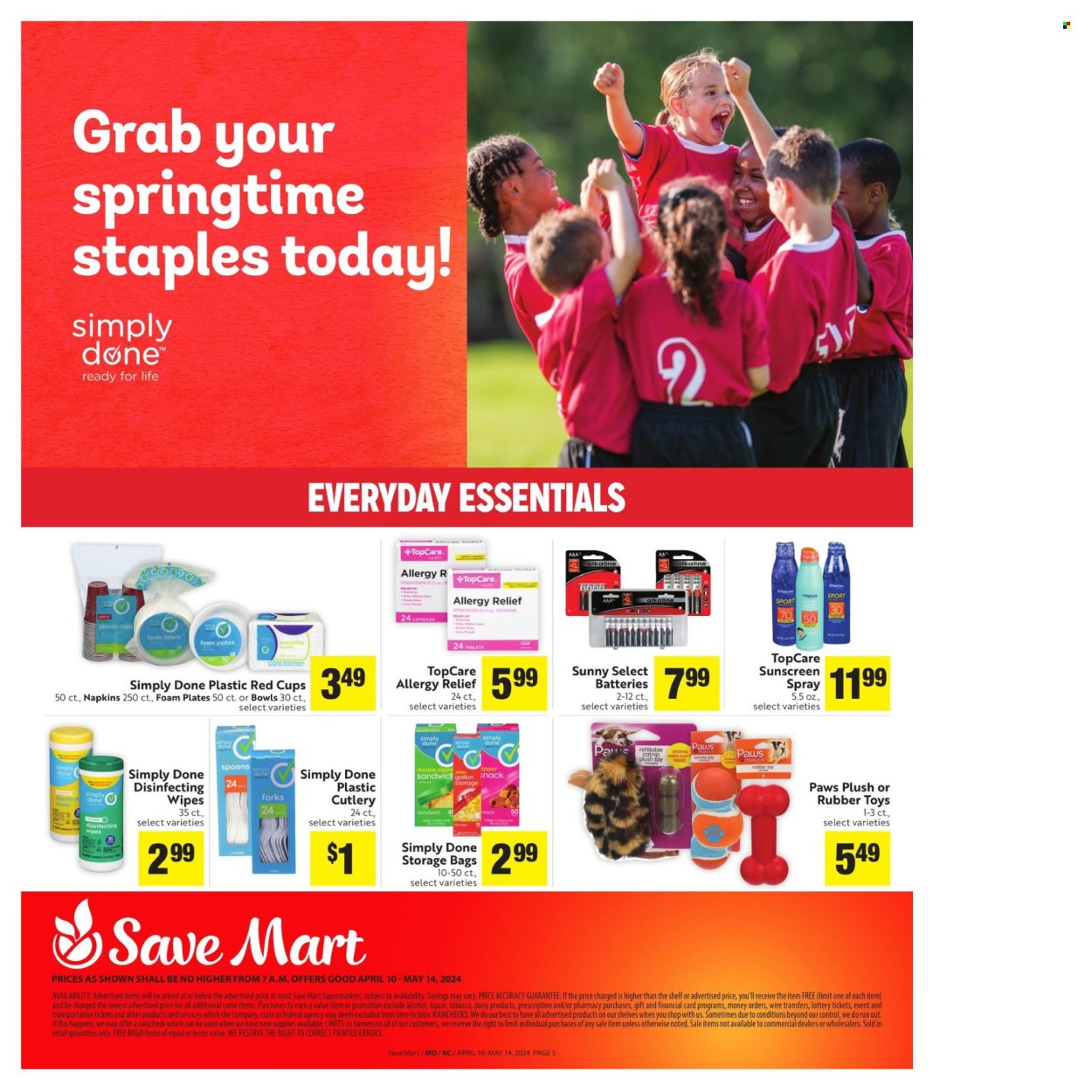 thumbnail - Save Mart Flyer - 04/10/2024 - 05/14/2024 - Sales products - sandwich, snack, liqueur, cleansing wipes, wipes, napkins, sunscreen lotion, storage bag, gallon, foam plates, cup, bowl, plastic cup, allergy relief. Page 5.