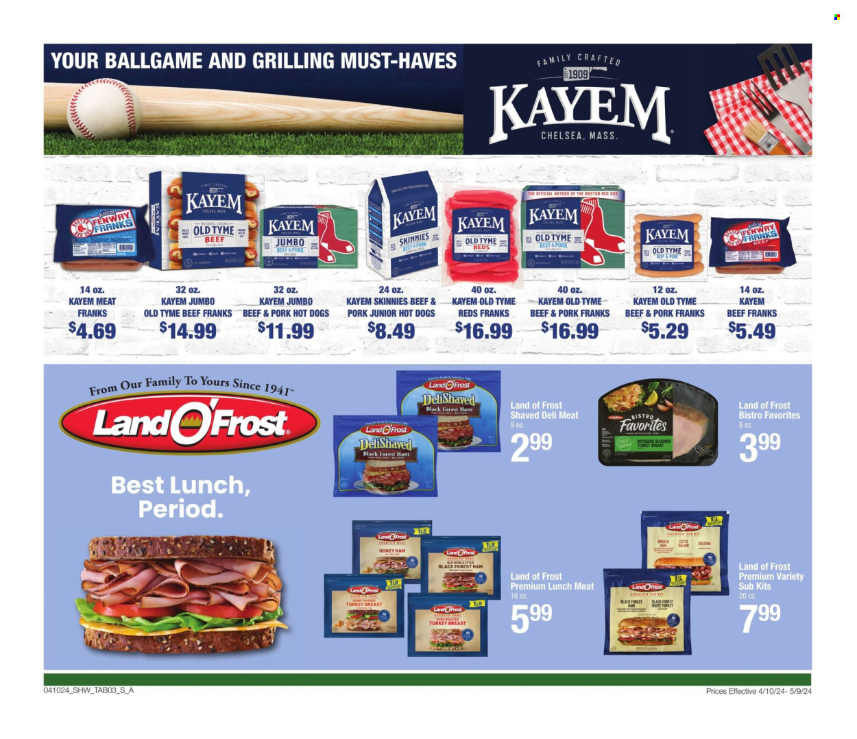 thumbnail - Shaw’s Flyer - 04/10/2024 - 05/09/2024 - Sales products - hot dog, ready meal, salami, ham, bologna sausage, turkey ham, sliced meat, frankfurters, lunch meat. Page 3.