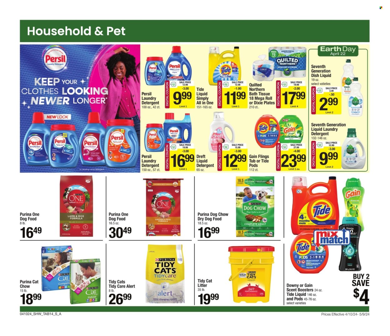 thumbnail - Shaw’s Flyer - 04/10/2024 - 05/09/2024 - Sales products - bath tissue, Quilted Northern, detergent, Gain, Tide, Persil, liquid detergent, laundry detergent, scent booster, Gain Fireworks, dishwashing liquid, plate, paper plate, Dixie, animal food, cat food, dog food, Dog Chow, Purina, dry dog food. Page 14.