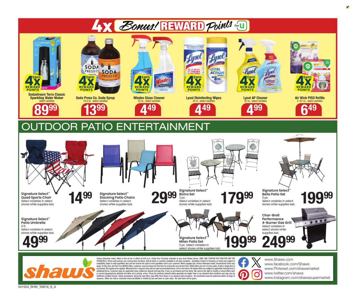 thumbnail - Shaw’s Flyer - 04/10/2024 - 05/09/2024 - Sales products - Bella, vinegar, syrup, cleansing wipes, wipes, Windex, cleaner, Lysol, glass cleaner, sparkling water maker, SodaStream, air freshener, Air Wick, essential oils. Page 16.
