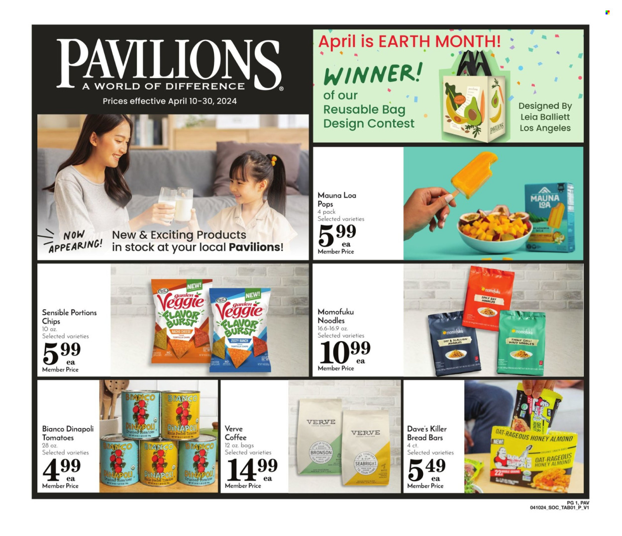 thumbnail - Pavilions Flyer - 04/10/2024 - 04/30/2024 - Sales products - bread, tomatoes, noodles, chips, coffee. Page 1.