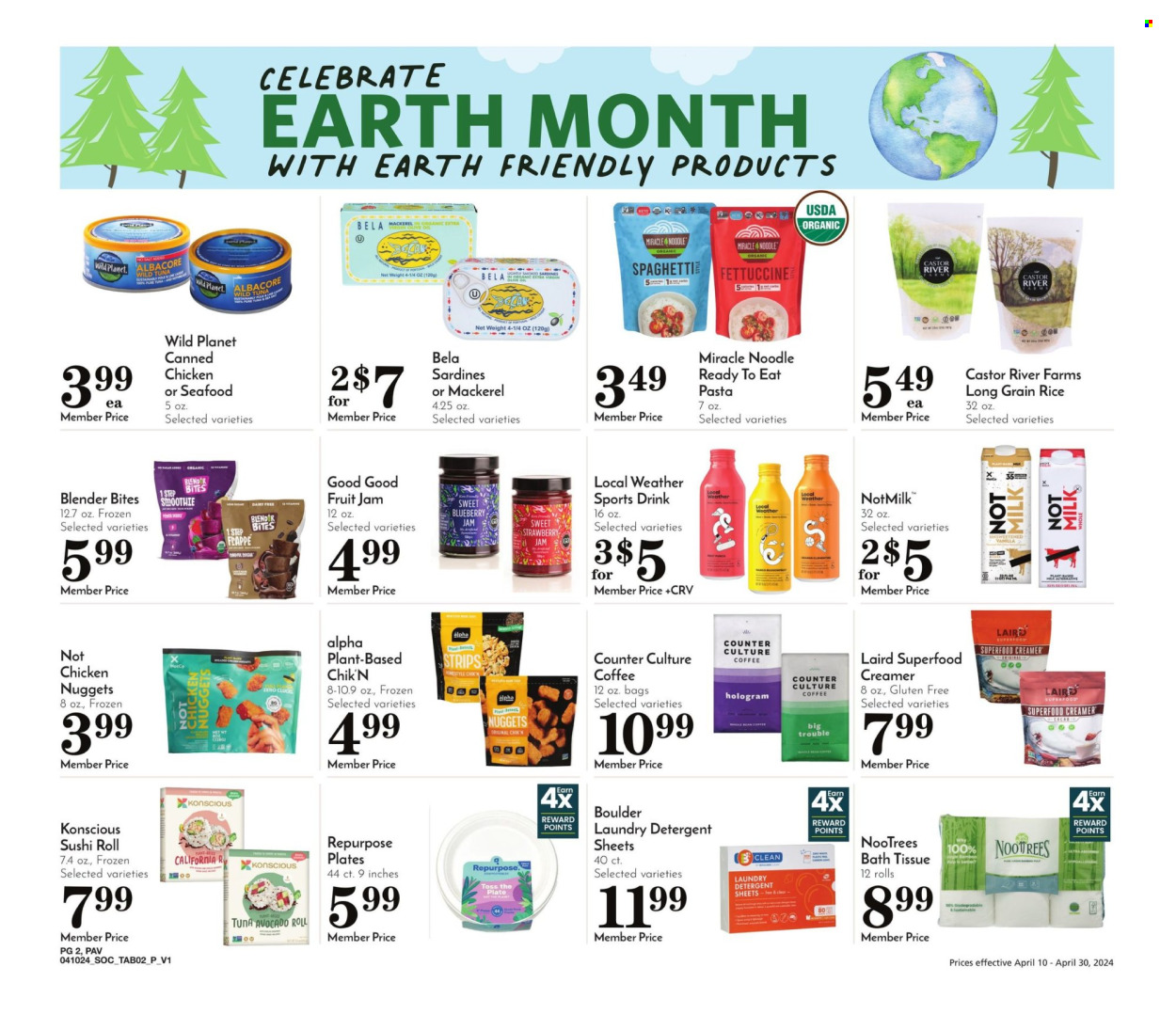 thumbnail - Pavilions Flyer - 04/10/2024 - 04/30/2024 - Sales products - avocado, mackerel, sardines, tuna, seafood, sushi, spaghetti, nuggets, pasta, ready meal, plant based ready meal, plant based product, milk, creamer, strawberry jam, canned meat, rice, long grain rice, blueberry jam, fruit jam, jam, electrolyte drink, coffee, bath tissue, detergent, laundry detergent. Page 2.