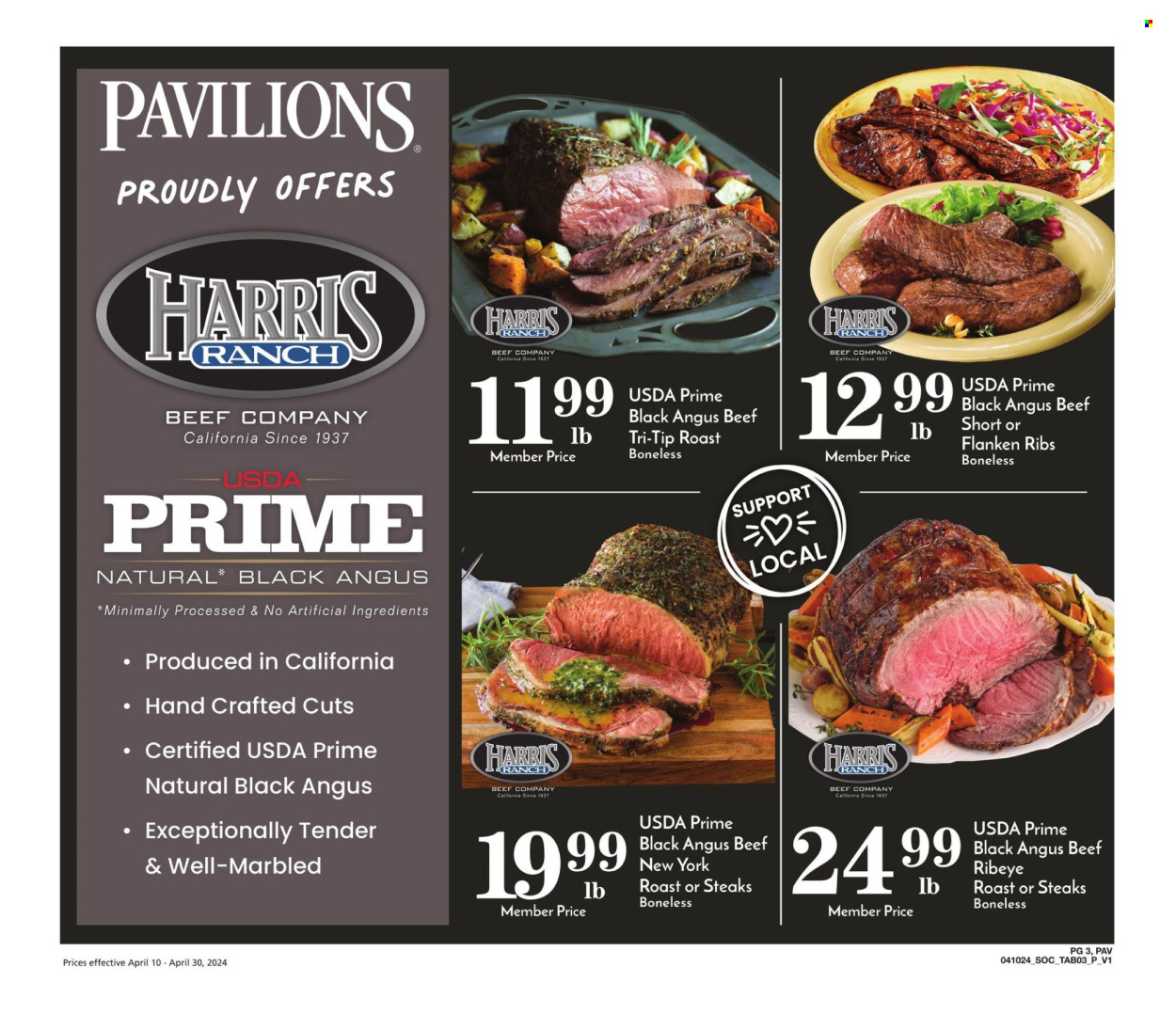 thumbnail - Pavilions Flyer - 04/10/2024 - 04/30/2024 - Sales products - roast, Harris, steak, ribs. Page 3.