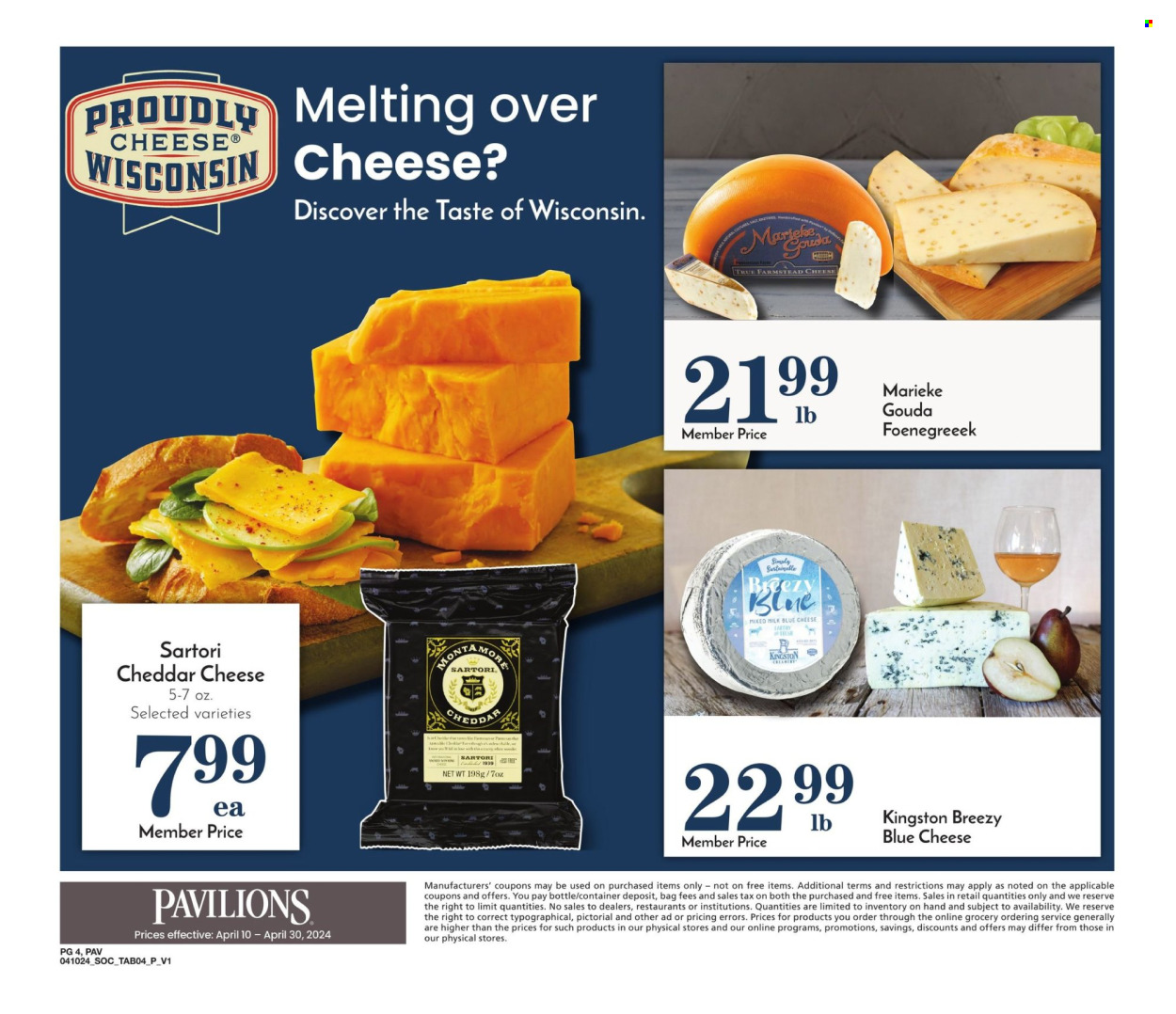 thumbnail - Pavilions Flyer - 04/10/2024 - 04/30/2024 - Sales products - blue cheese, gouda, cheddar, cheese, milk, salt. Page 4.