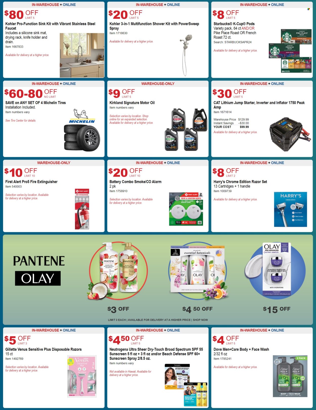 thumbnail - Costco Flyer - 04/10/2024 - 05/05/2024 - Sales products - faucet, sink, roast, Dove, coffee, Starbucks, coffee capsules, K-Cups, Keurig, body wash, face gel, Neutrogena, Olay, face wash, Pantene, sunscreen lotion, Gillette, Venus, disposable razor, knife, holder, extinguisher, drying rack, alarm, inflator, starter, motor oil, Michelin, tires. Page 3.