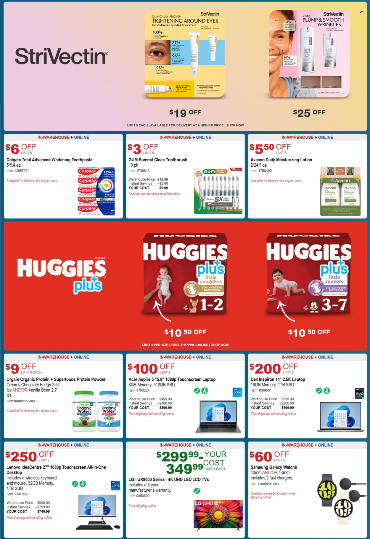 thumbnail - Costco Flyer - 04/10/2024 - 05/05/2024 - Sales products - Dell, LG, Acer, Lenovo, Samsung Galaxy, Huggies, nappies, Aveeno, Colgate, toothbrush, toothpaste, teeth whitening, body lotion, keyboard, mouse, Samsung, laptop, Inspiron, touchscreen laptop, TV, whey protein. Page 4.