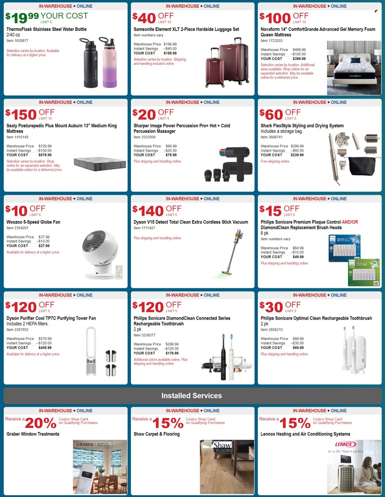 thumbnail - Costco Flyer - 04/10/2024 - 05/05/2024 - Sales products - mattress, Philips, toothbrush, toothbrush head, storage bag, drink bottle, thermoflask, percussion instrument, Dyson, stand fan, tower fan, vacuum cleaner, electric toothbrush, Sonicare, massager, luggage, luggage set, Samsonite, flooring. Page 5.