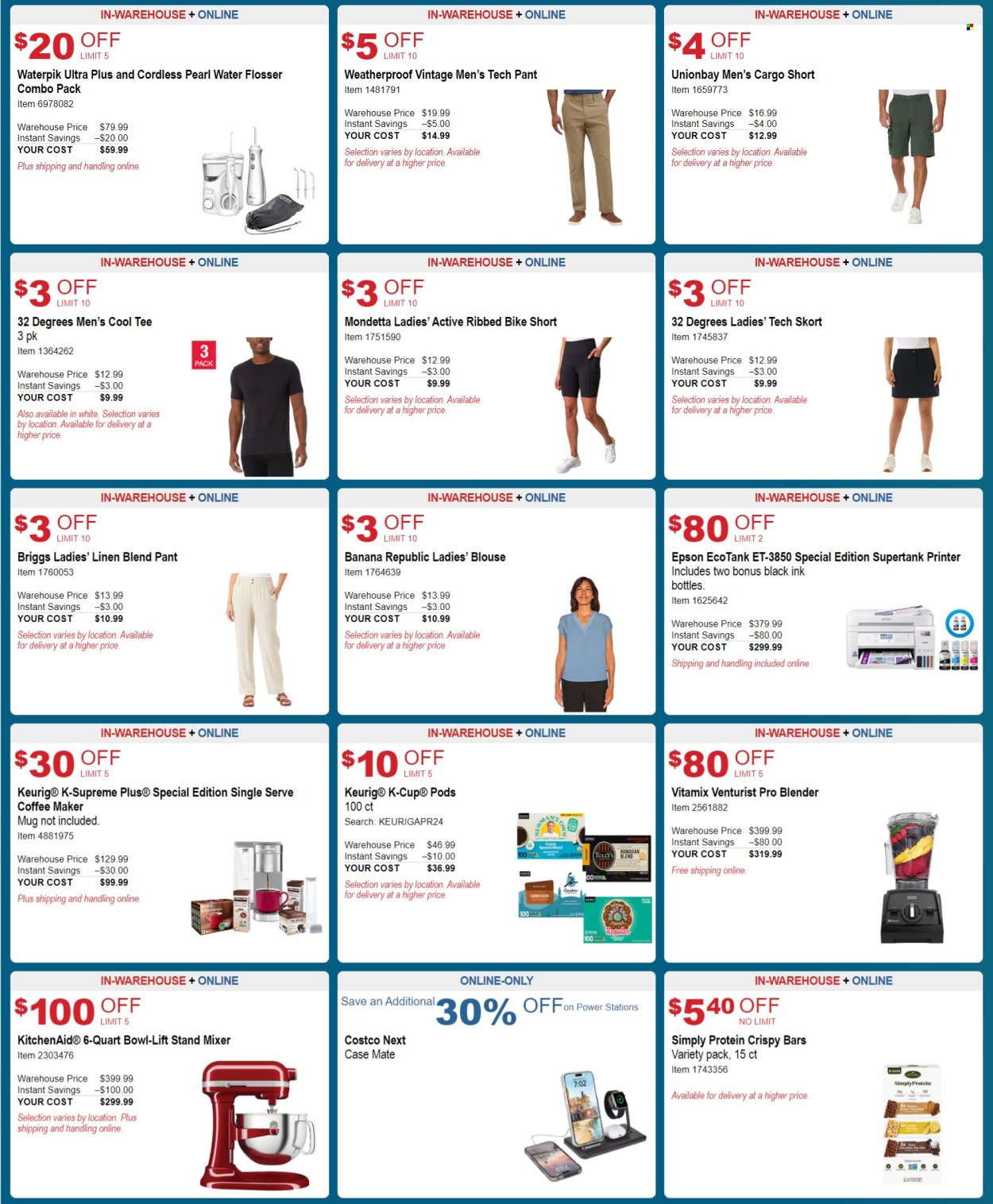 thumbnail - Costco Flyer - 04/10/2024 - 05/05/2024 - Sales products - protein bar, coffee, coffee capsules, Keurig, waterflosser, KitchenAid, mug, Epson, coffee machine, blender, mixer, stand mixer, printer, skort, blouse, t-shirt, bicycle. Page 6.