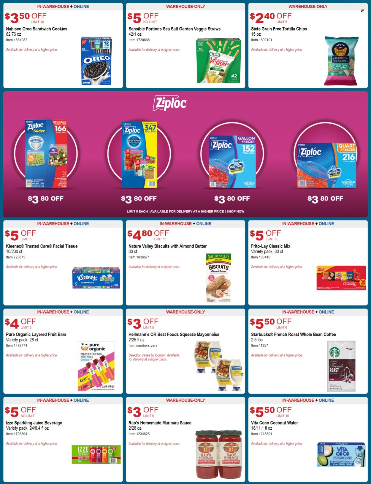 thumbnail - Costco Flyer - 04/10/2024 - 05/05/2024 - Sales products - Oreo, snack bar, almond butter, Hellmann’s, sandwich cookies, fruit bar, cookies, biscuit, Nabisco, tortilla chips, chips, Frito-Lay, veggie straws, salty snack, Nature Valley, juice, coconut water, sparkling juice, coffee, Starbucks, coffee beans, Kleenex, tissues, facial tissues, Ziploc, freezer. Page 7.