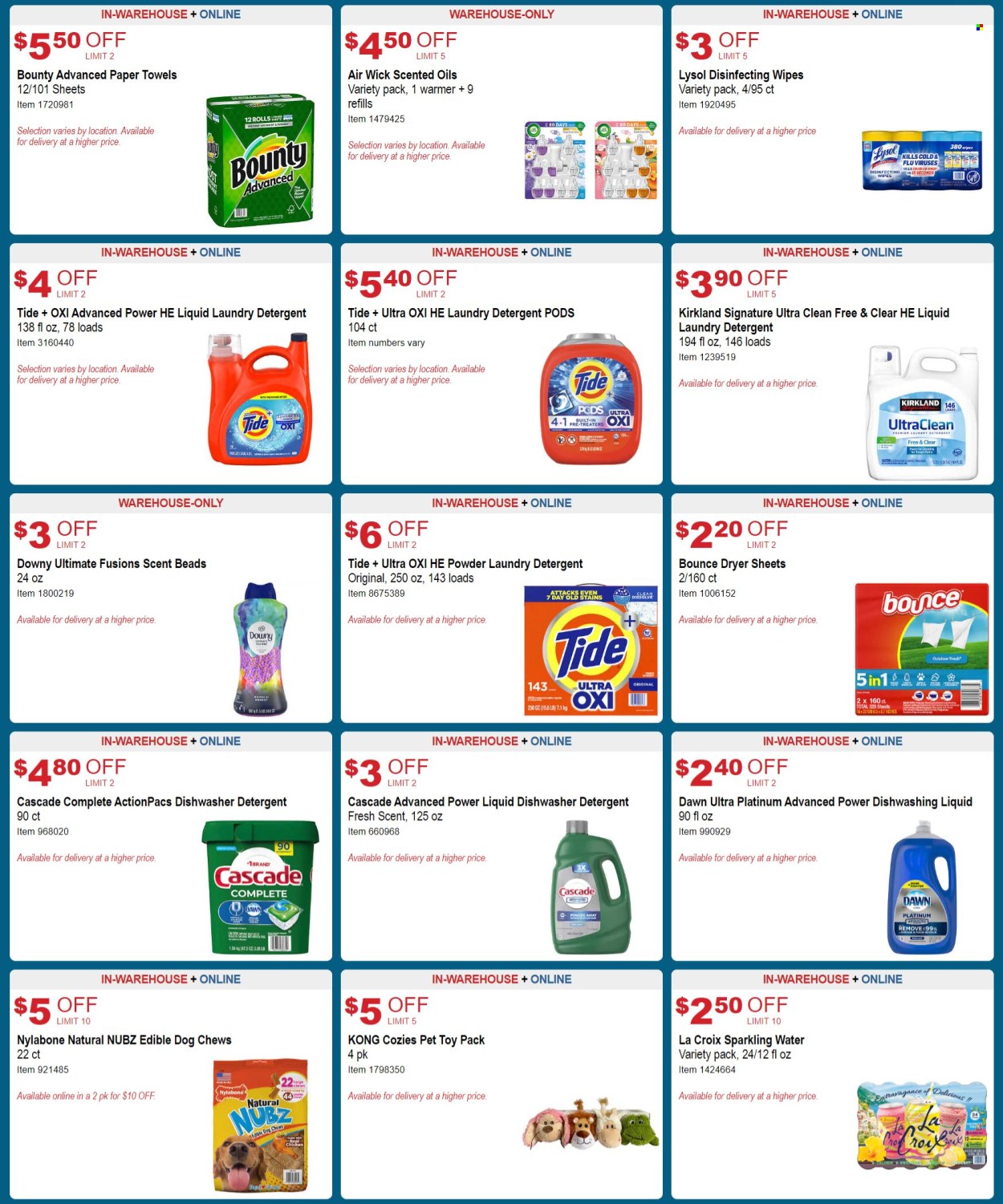 thumbnail - Costco Flyer - 04/10/2024 - 05/05/2024 - Sales products - Bounty, sparkling water, water, cleansing wipes, wipes, kitchen towels, paper towels, detergent, Lysol, Cascade, Tide, laundry detergent, Bounce, dryer sheets, dishwashing liquid, dishwasher cleaner, dishwasher tablets, air freshener, Air Wick, Nylabone, pet toy, animal treats, dog food, dog chews. Page 8.