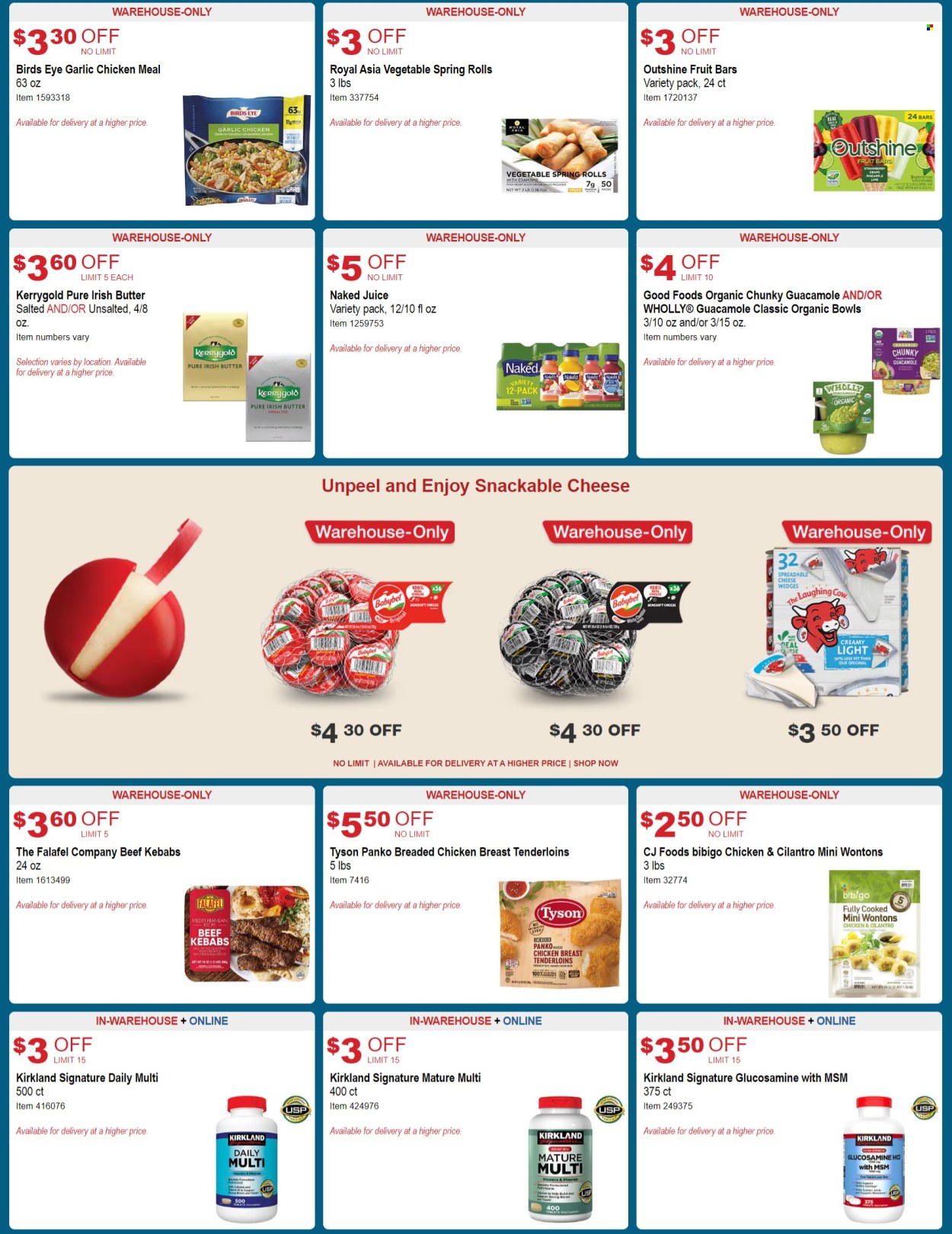thumbnail - Costco Flyer - 04/10/2024 - 05/05/2024 - Sales products - spring rolls, Bird's Eye, plant based ready meal, breaded chicken, falafel, kabobs, guacamole, cheese, The Laughing Cow, Babybel, irish butter, ice cream bars, fruit bar, cilantro, juice, bowl, bib, glucosamine, dietary supplement, vitamins. Page 9.