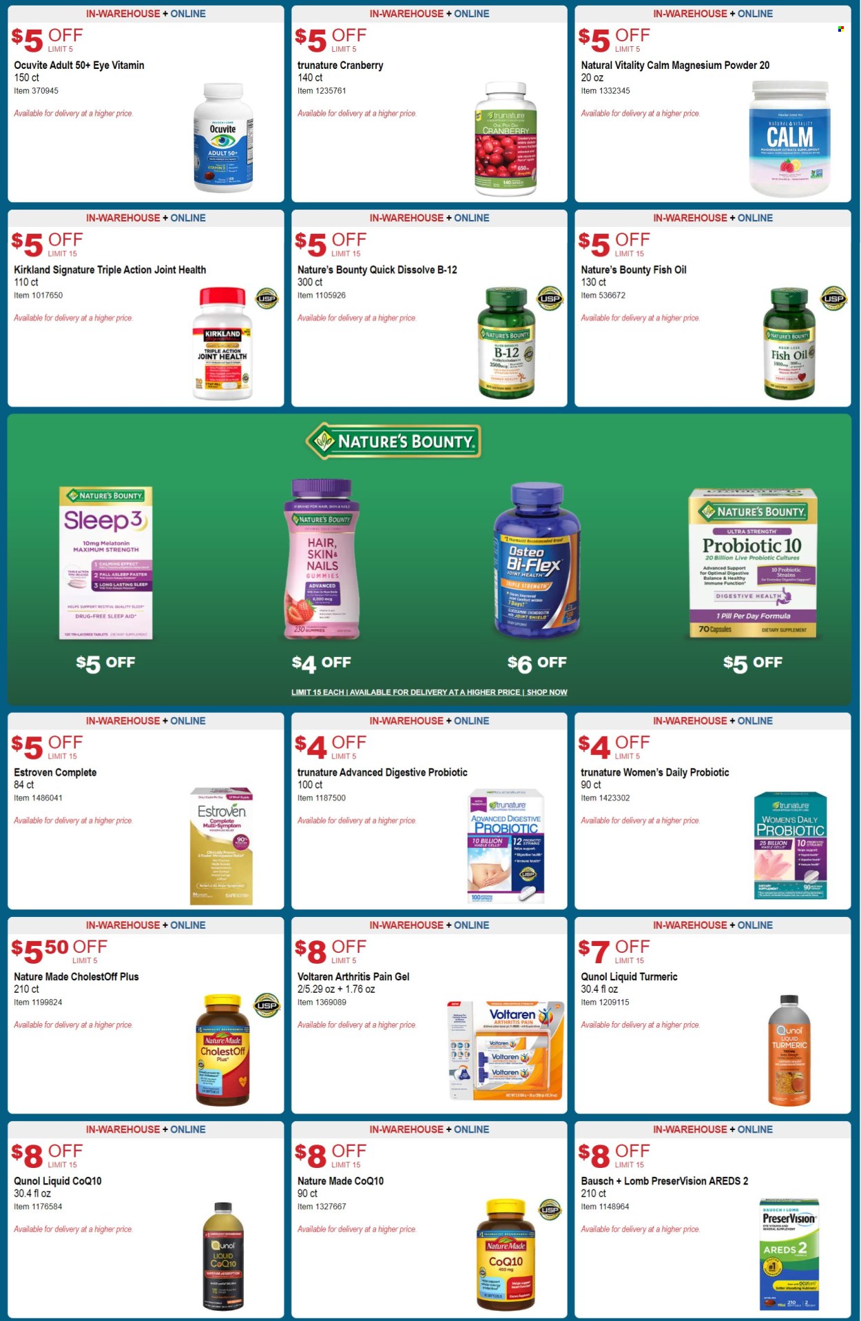 thumbnail - Costco Flyer - 04/10/2024 - 05/05/2024 - Sales products - turmeric, fish oil, magnesium, Nature Made, Nature's Bounty, Qunol, probiotics, Osteo bi-flex, Ocuvite, Bi-Flex, dietary supplement, Voltaren, sleep aid product, pain therapy. Page 12.