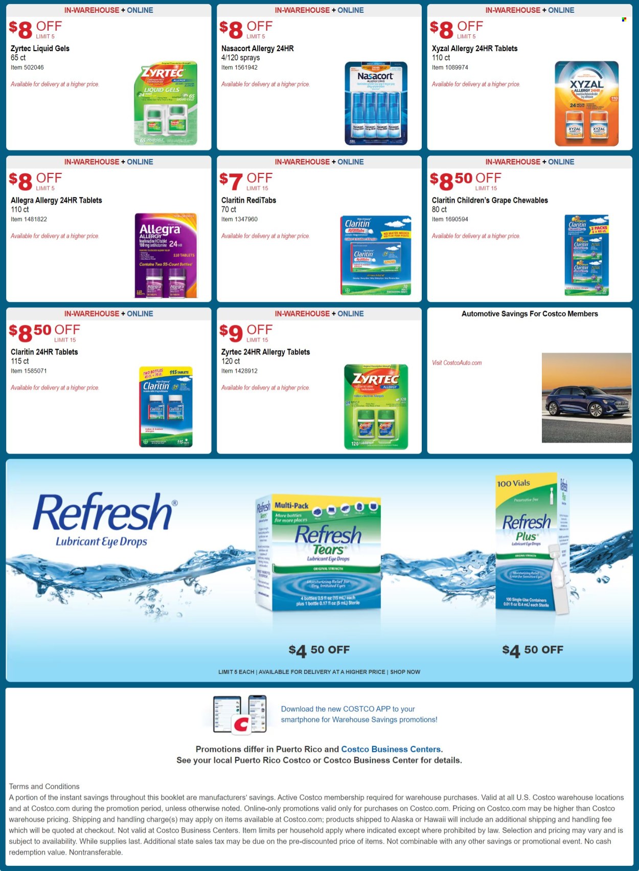 thumbnail - Costco Flyer - 04/10/2024 - 05/05/2024 - Sales products - container, tablet, water, lubricant, Zyrtec, eye drops, Claritin, allergy control. Page 13.