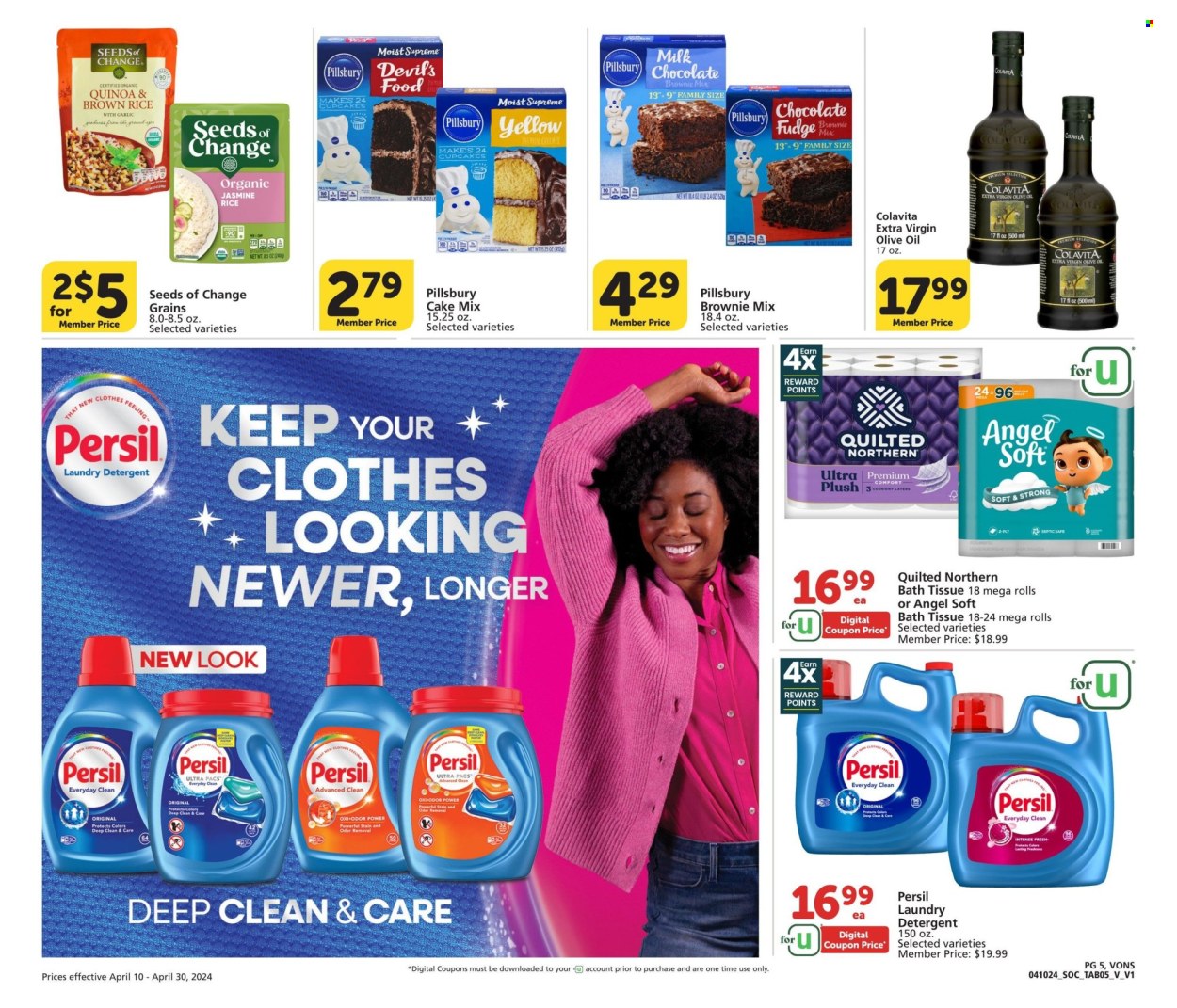 thumbnail - Vons Flyer - 04/10/2024 - 04/30/2024 - Sales products - brownie mix, cake mix, Pillsbury, milk, bars, baking mix, brown rice, quinoa, rice, jasmine rice, extra virgin olive oil, olive oil, oil, bath tissue, Quilted Northern, detergent, Persil, laundry detergent. Page 5.