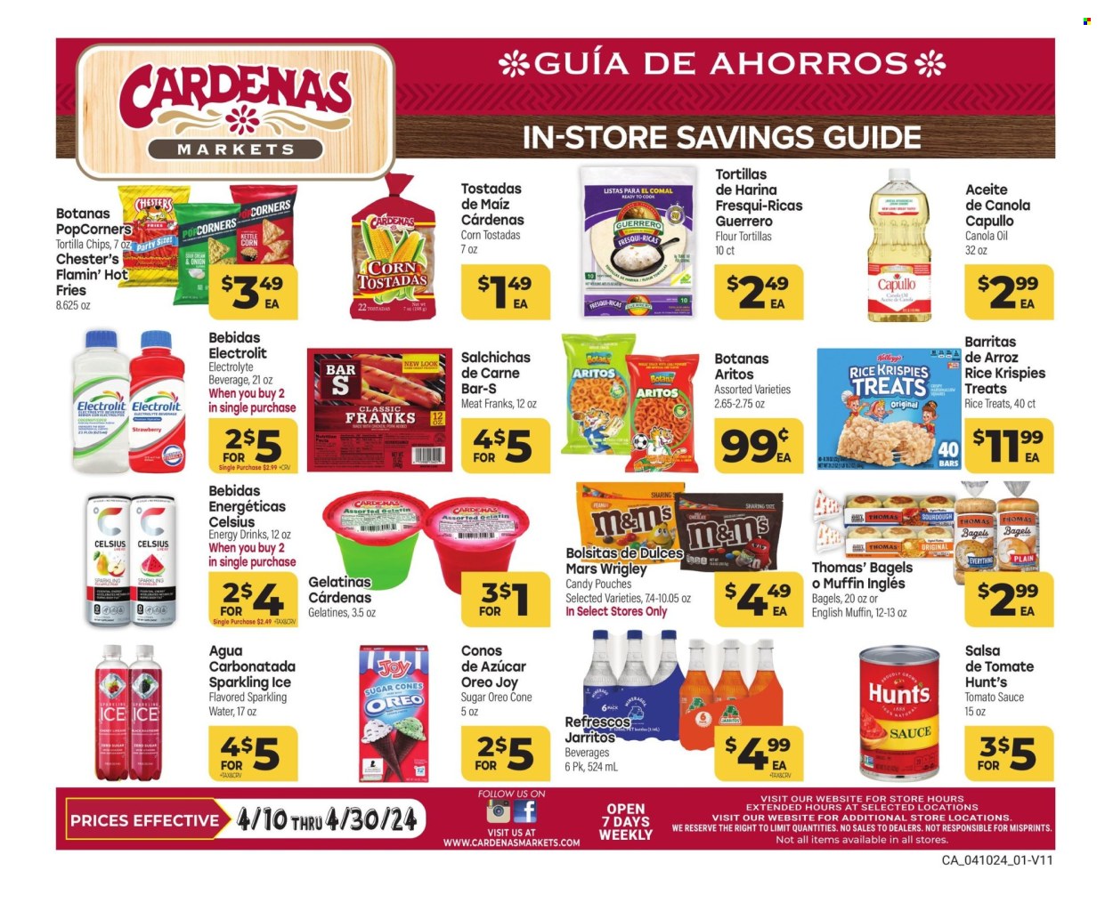 thumbnail - Cardenas Flyer - 04/10/2024 - 04/30/2024 - Sales products - bagels, english muffins, tortillas, tostadas, flour tortillas, pastries, frankfurters, Oreo, Mars, M&M's, Candy, sweets, bars, tortilla chips, chips, corn tostadas, salty snack, tomato sauce, canola oil, oil, energy drink, electrolyte drink, flavored water, sparkling water, water, Joy, comal. Page 1.