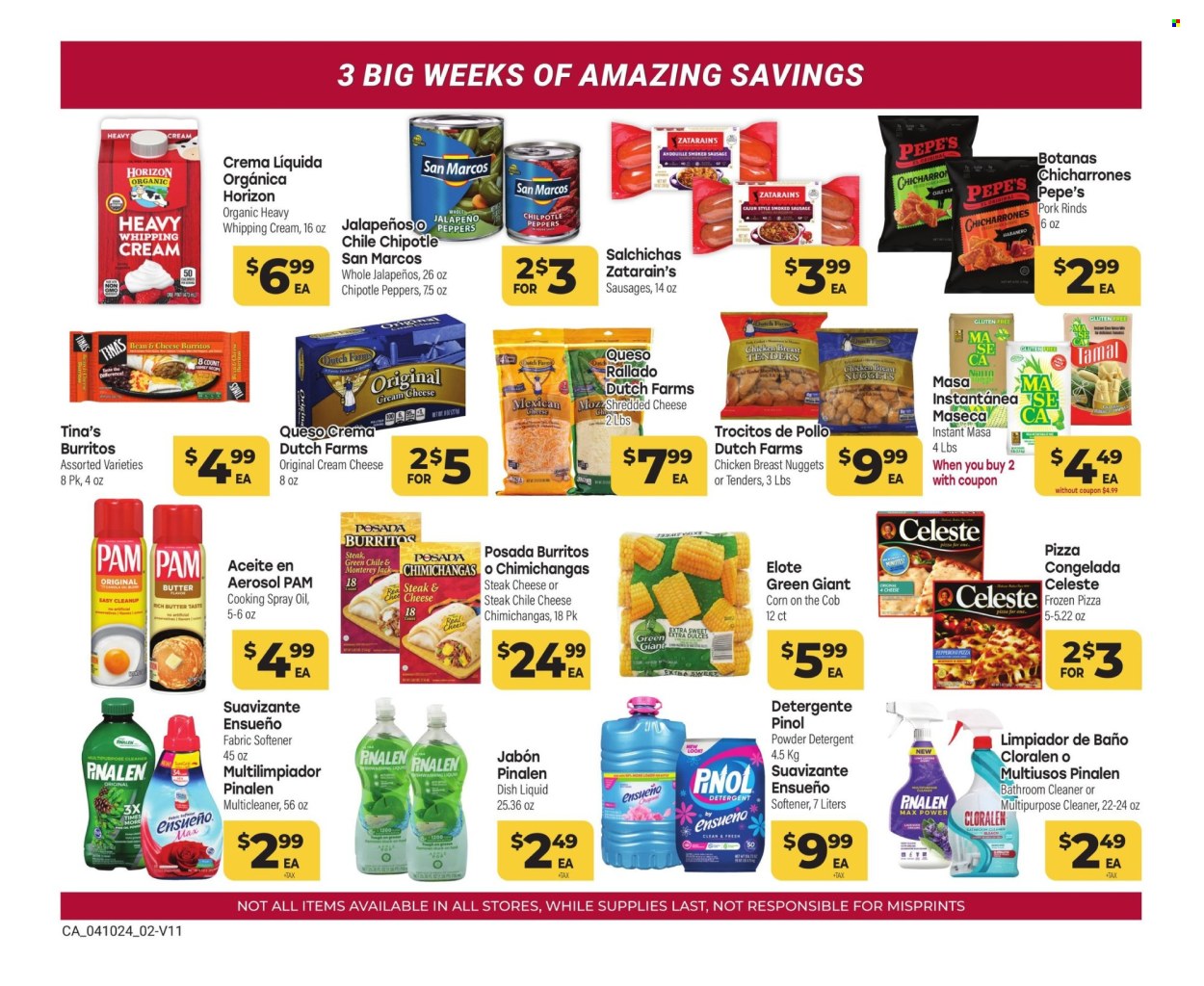thumbnail - Cardenas Flyer - 04/10/2024 - 04/30/2024 - Sales products - corn, peppers, pizza, chicken tenders, nuggets, chicken nuggets, burrito, ready meal, sausage, smoked sausage, cracklings, Monterey Jack cheese, shredded cheese, whipping cream, heavy cream, Celeste, cooking spray, oil, red wine, steak, detergent, cleaner, bathroom cleaner, fabric softener, dishwashing liquid. Page 2.