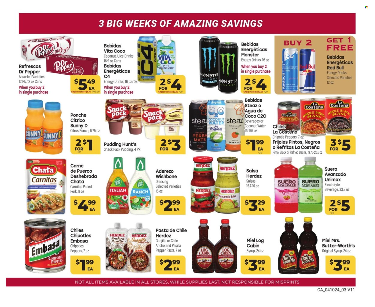 thumbnail - Cardenas Flyer - 04/10/2024 - 04/30/2024 - Sales products - beans, peppers, pasta, pulled pork, guacamole, pudding, milk, black beans, refried beans, adobo sauce, dressing, salsa, syrup, juice, energy drink, Monster, fruit drink, Dr. Pepper, coconut water, soft drink, Red Bull, Monster Energy, fruit punch, electrolyte drink, Sunny D, carbonated soft drink, pasilla. Page 3.