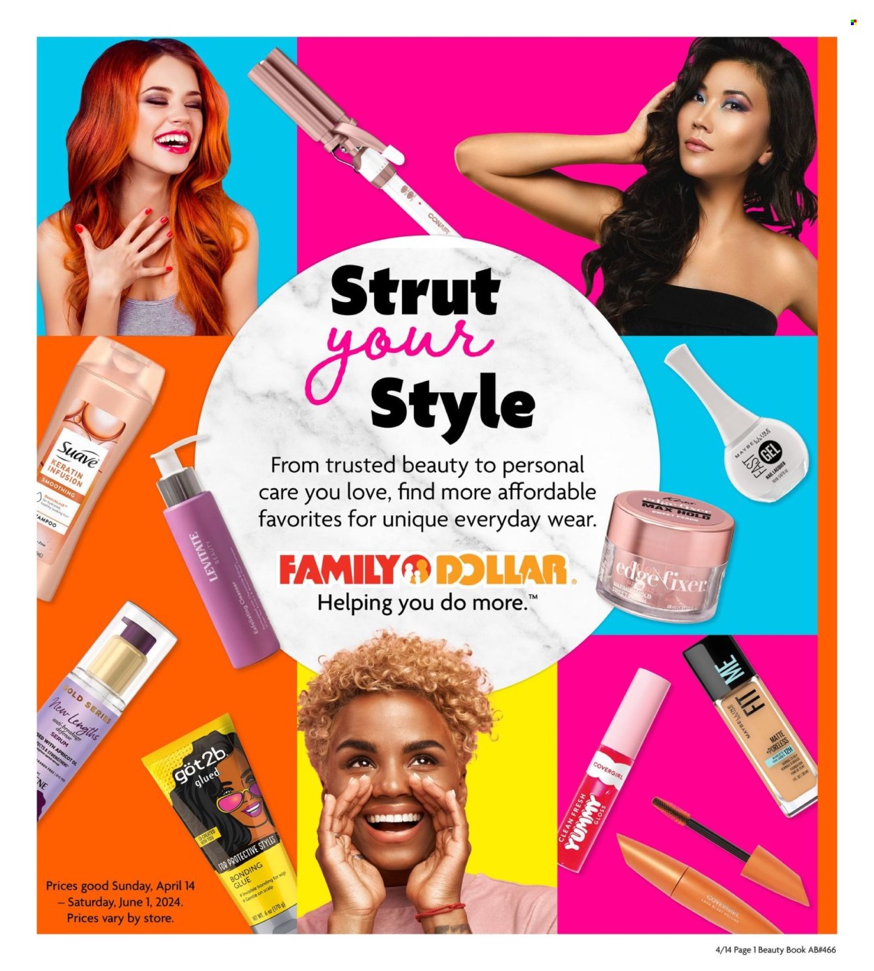 thumbnail - Family Dollar Flyer - 04/14/2024 - 06/01/2024 - Sales products - Suave, serum, CoverGirl, keratin, nail enamel, lip gloss, Maybelline, glue, book, wig. Page 1.