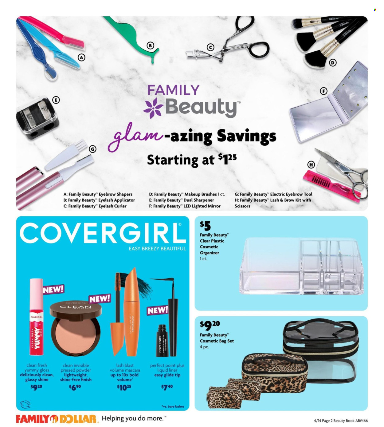 thumbnail - Family Dollar Flyer - 04/14/2024 - 06/01/2024 - Sales products - CoverGirl, cosmetic bag, makeup, mascara, eyeliner, face powder, sharpener, scissors, book, mirror. Page 2.