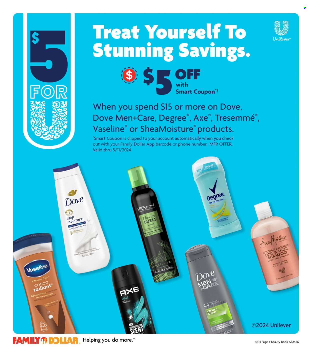 thumbnail - Family Dollar Flyer - 04/14/2024 - 06/01/2024 - Sales products - Silk, mousse, Dove, oil, body wash, shampoo, Vaseline, conditioner, TRESemmé, Axe, Degree, safe, book. Page 4.