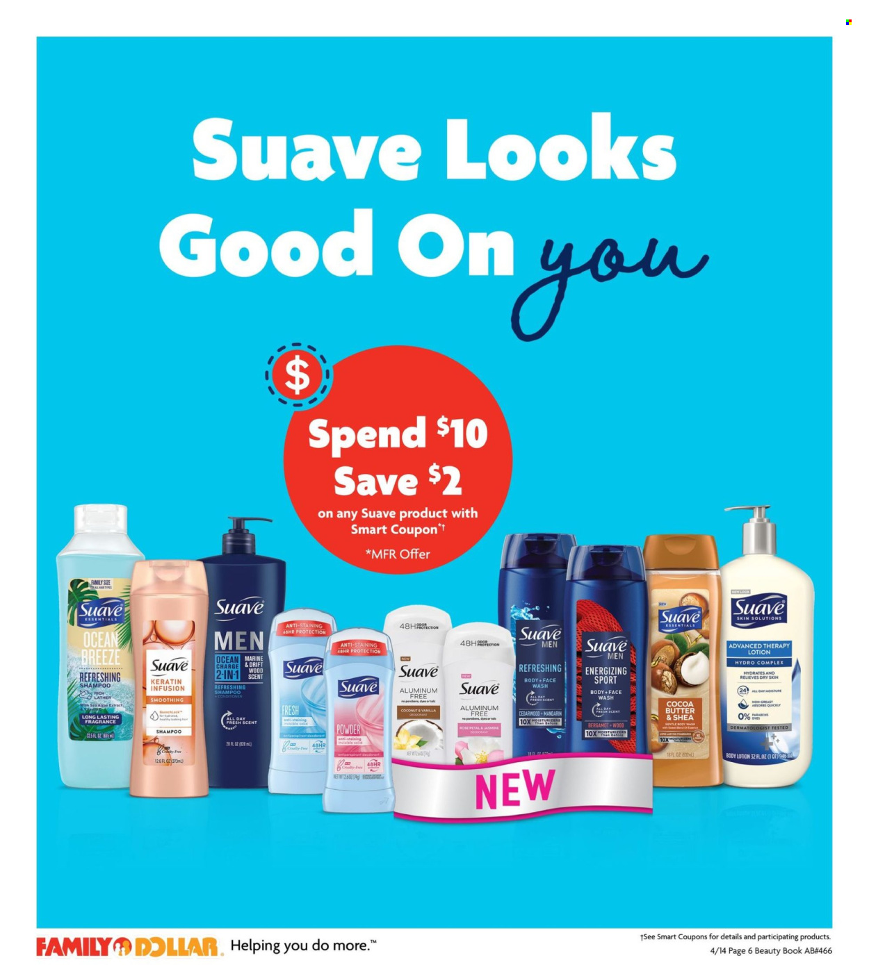 thumbnail - Family Dollar Flyer - 04/14/2024 - 06/01/2024 - Sales products - body wash, shampoo, Suave, face gel, moisturizer, face wash, conditioner, keratin, body lotion, fragrance, deodorant, book. Page 6.