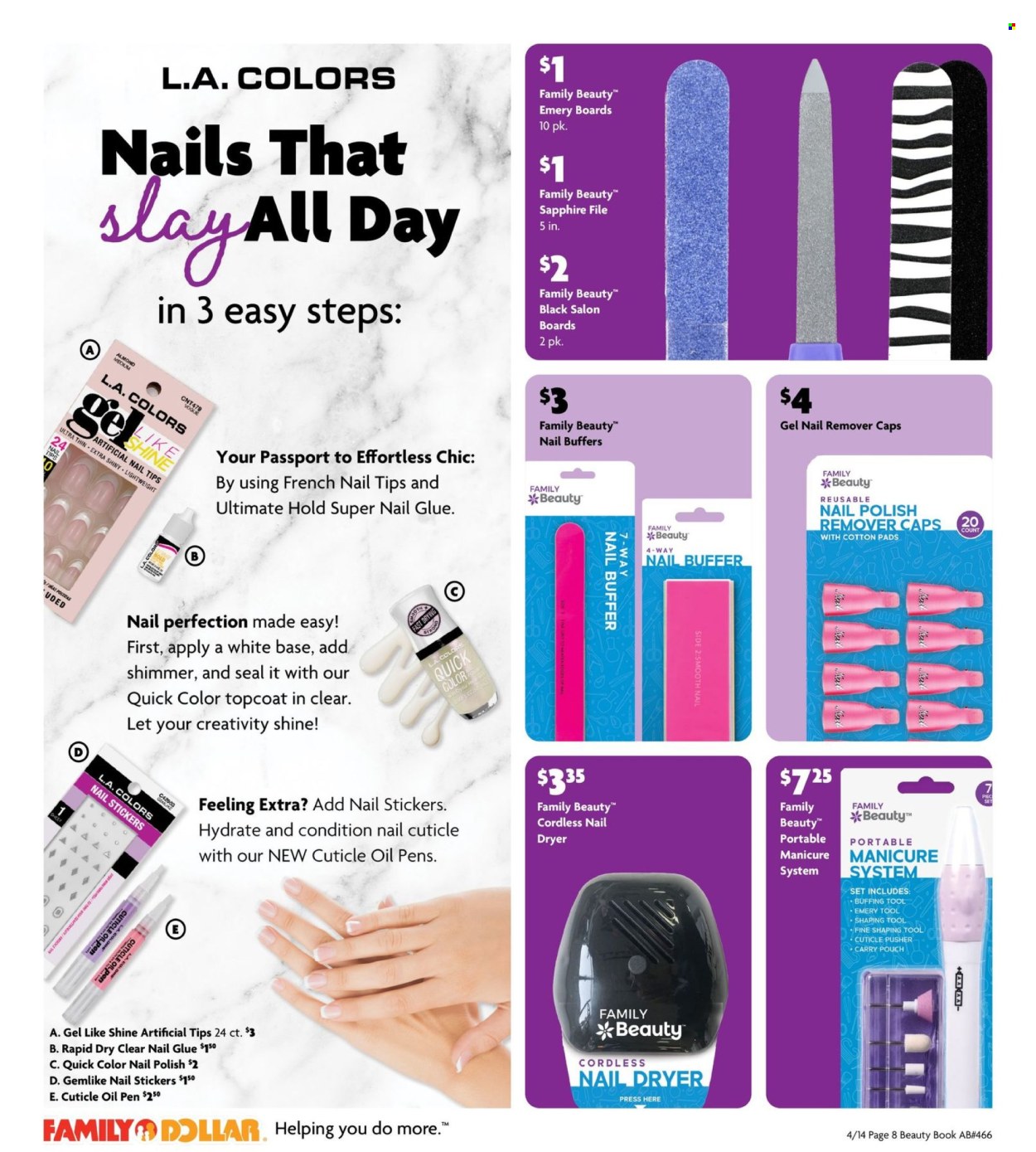 thumbnail - Family Dollar Flyer - 04/14/2024 - 06/01/2024 - Sales products - oil, cotton pads, manicure, nail polish remover, sticker, glue, pen, book, cap. Page 8.