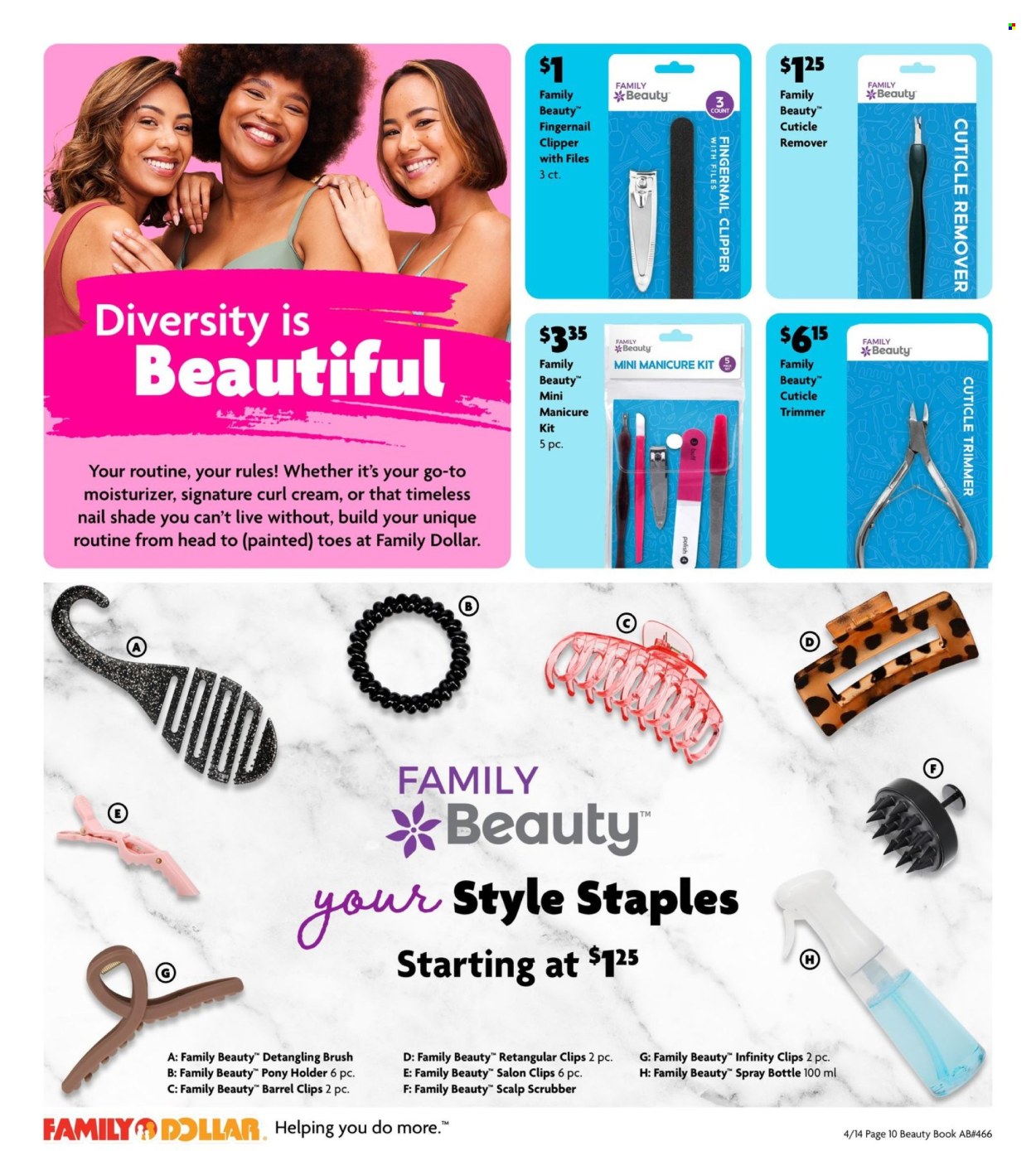 thumbnail - Family Dollar Flyer - 04/14/2024 - 06/01/2024 - Sales products - moisturizer, Infinity, brush, manicure, manicure tool, holder, spray bottle, book, hair accessories, trimmer. Page 10.