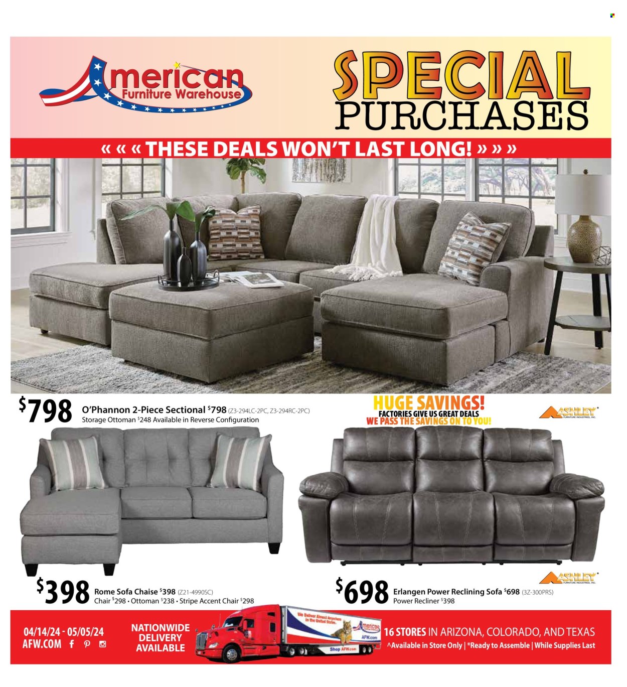 thumbnail - American Furniture Warehouse Flyer - 04/14/2024 - 05/05/2024 - Sales products - chair, 2-piece sectional, accent chair, sofa, recliner chair, ottoman. Page 1.