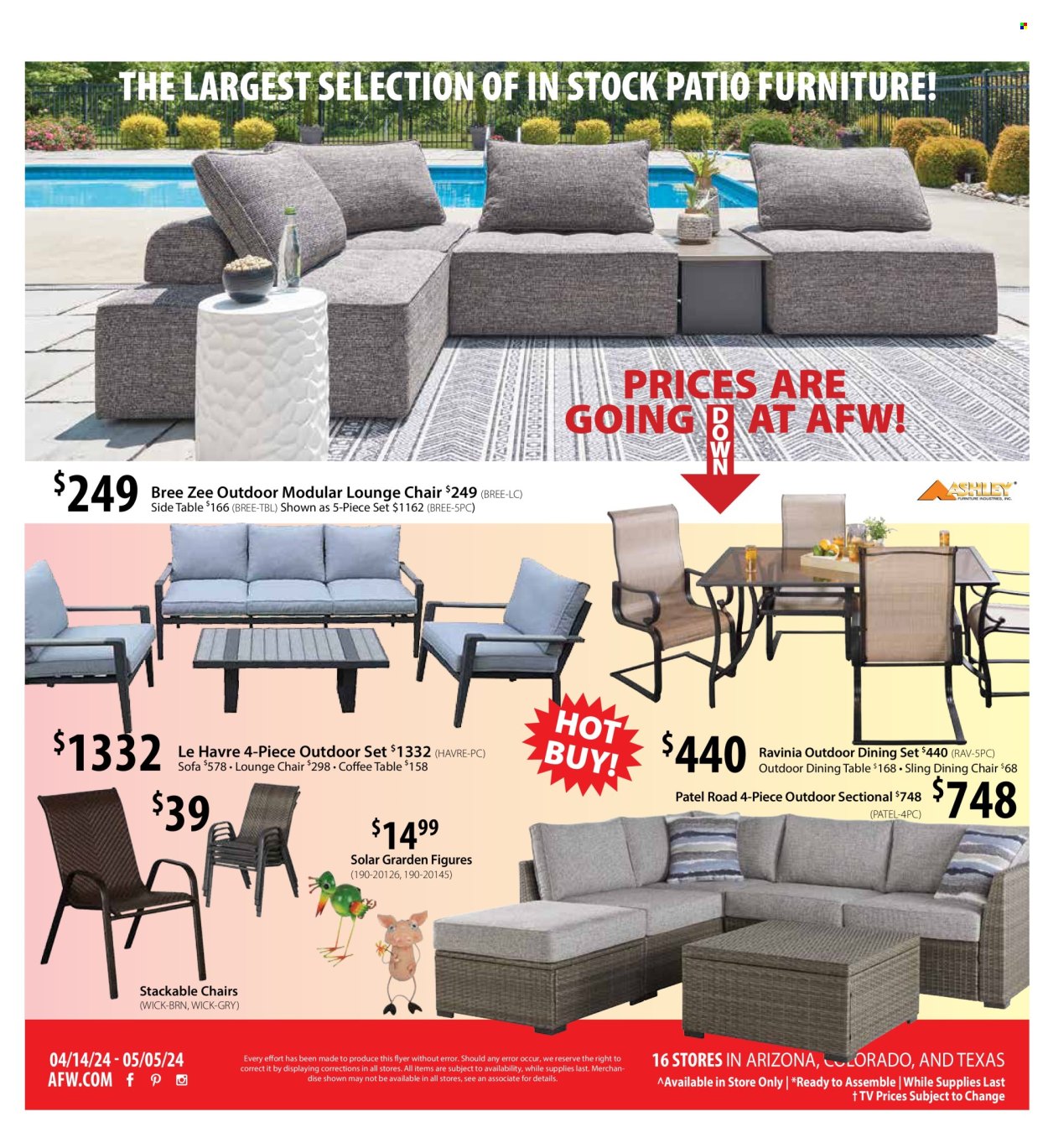 thumbnail - American Furniture Warehouse Flyer - 04/14/2024 - 05/05/2024 - Sales products - dining set, dining table, table, chair, dining chair, sofa, coffee table, sidetable, patio furniture, lounger. Page 4.