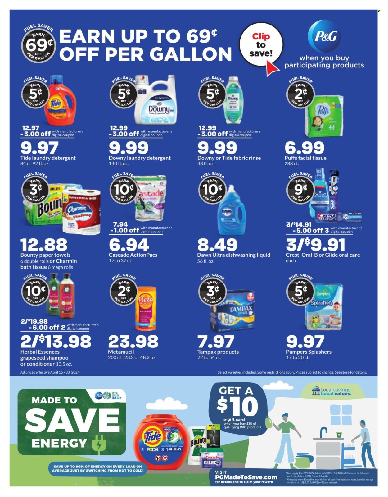 thumbnail - Hy-Vee Flyer - 04/15/2024 - 04/30/2024 - Sales products - puffs, Bounty, Pampers, bath tissue, kitchen towels, paper towels, Charmin, detergent, Cascade, Tide, fabric softener, laundry detergent, Downy Laundry, dishwashing liquid, dishwasher tablets, shampoo, hair products, Oral-B, Crest, Tampax, facial tissues, conditioner, Herbal Essences, Metamucil. Page 9.