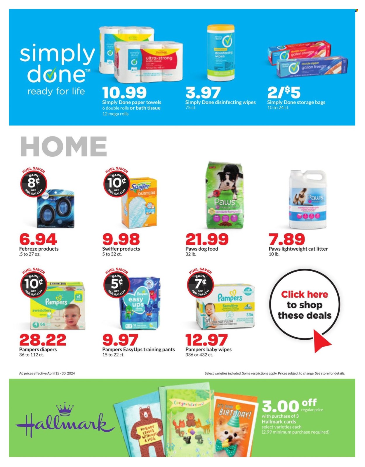 thumbnail - Hy-Vee Flyer - 04/15/2024 - 04/30/2024 - Sales products - cleansing wipes, wipes, Pampers, pants, baby wipes, nappies, baby pants, bath tissue, kitchen towels, paper towels, Febreze, Swiffer, storage bag, gallon, duster, cat litter, Paws, animal food, dog food. Page 21.