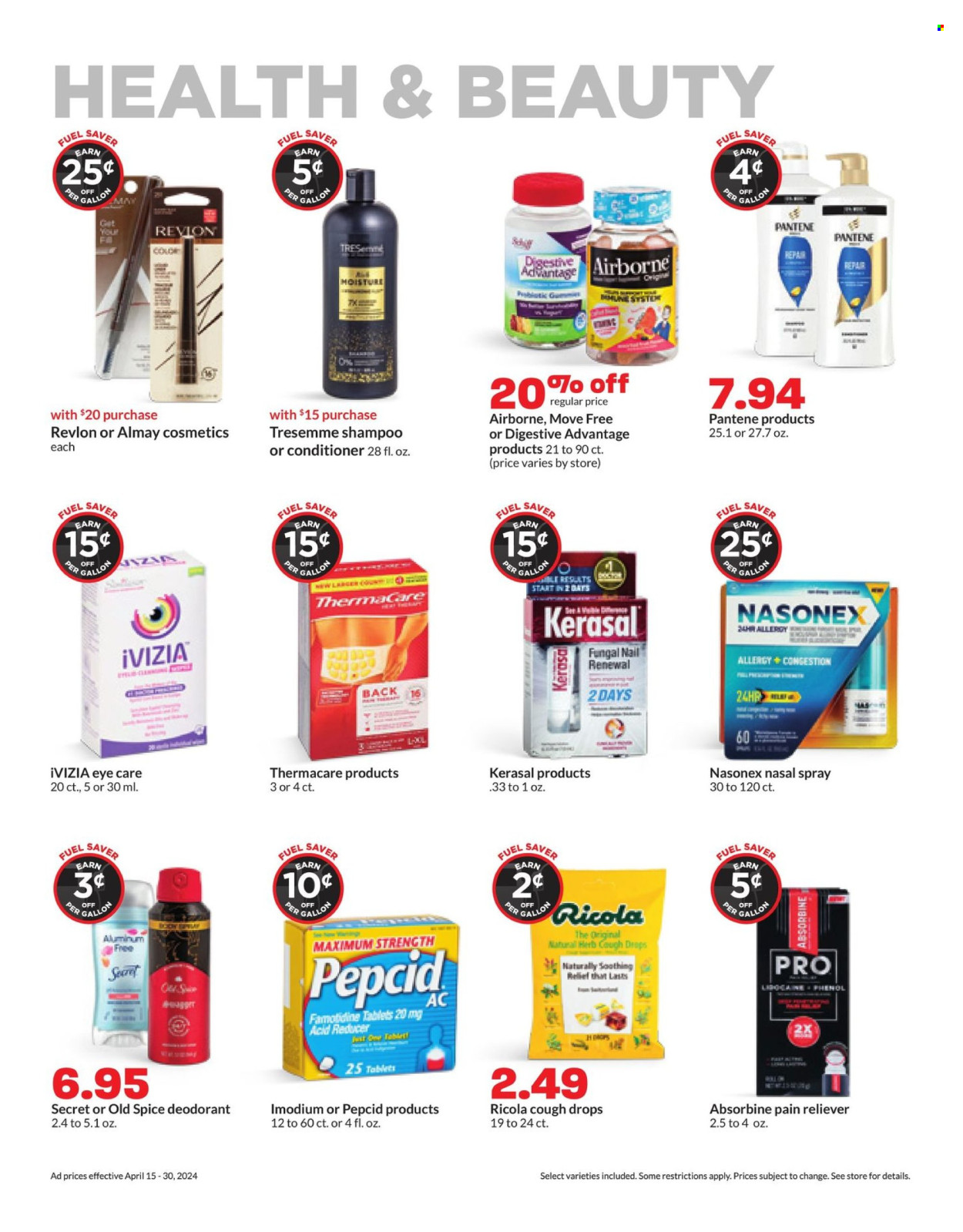 thumbnail - Hy-Vee Flyer - 04/15/2024 - 04/30/2024 - Sales products - ricola, shampoo, Old Spice, Almay, conditioner, Revlon, TRESemmé, Pantene, body spray, deodorant, Move Free, Thermacare, Imodium, Pepcid, cough drops, nasal spray, pain therapy. Page 22.