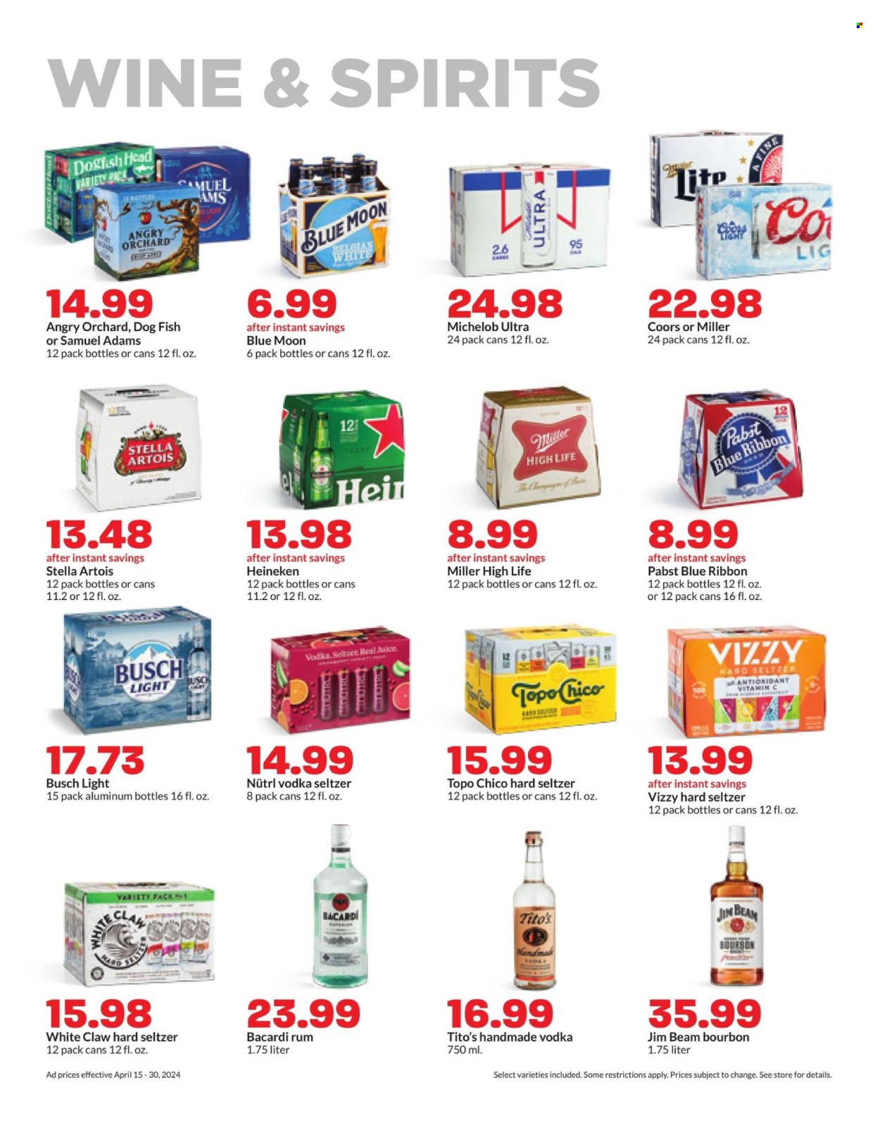 thumbnail - Hy-Vee Flyer - 04/15/2024 - 04/30/2024 - Sales products - fish, juice, wine, Bacardi, bourbon, rum, Jim Beam, White Claw, Hard Seltzer, bourbon whiskey, cider, beer, Busch, Stella Artois, Heineken, Miller, Pabst Blue Ribbon, Pabst, Topo Chico, vitamin c, Coors, Blue Moon, Michelob. Page 25.