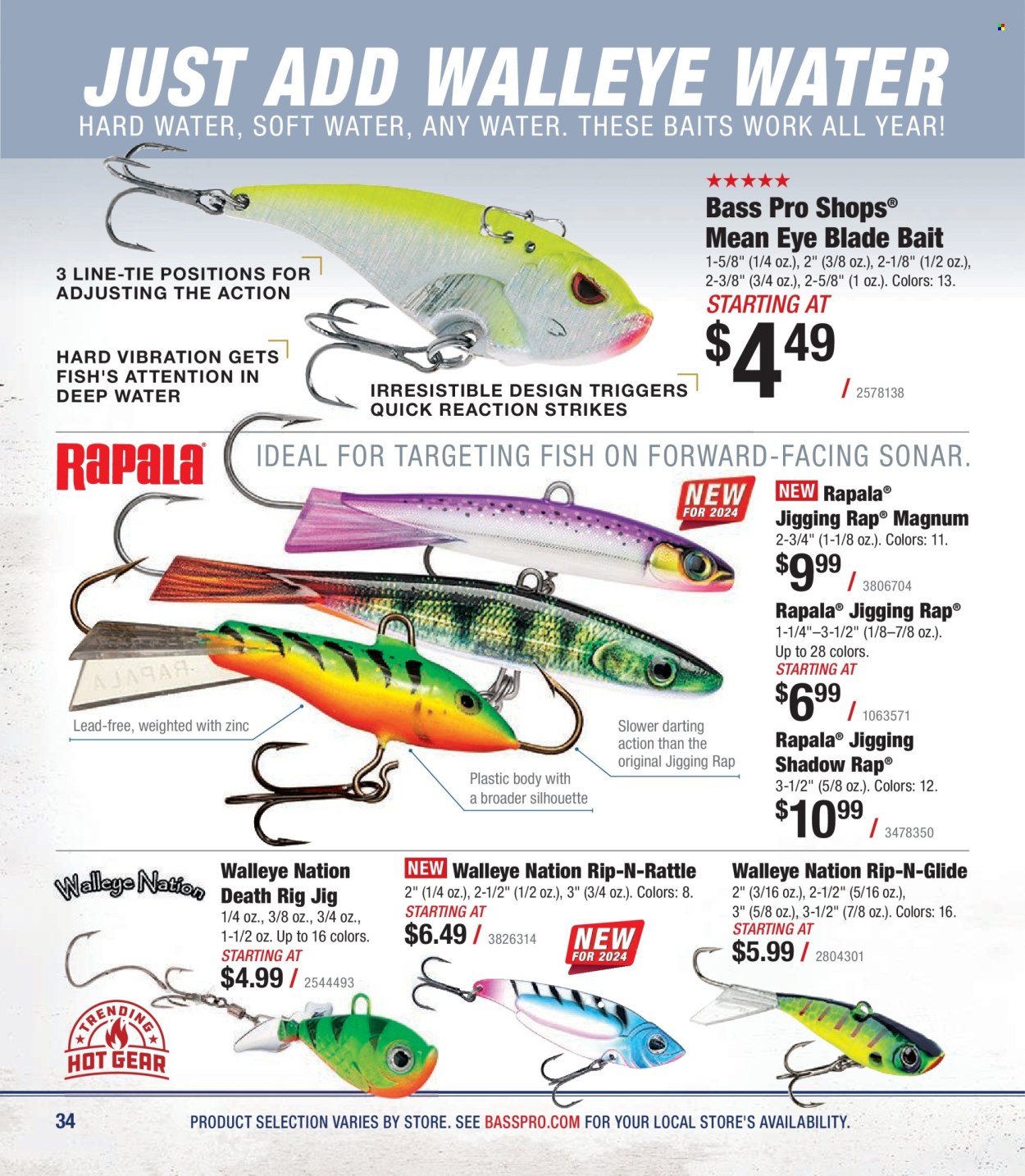thumbnail - Cabela's Flyer - Sales products - fish, Bass Pro, sonar, jig, rattle. Page 34.