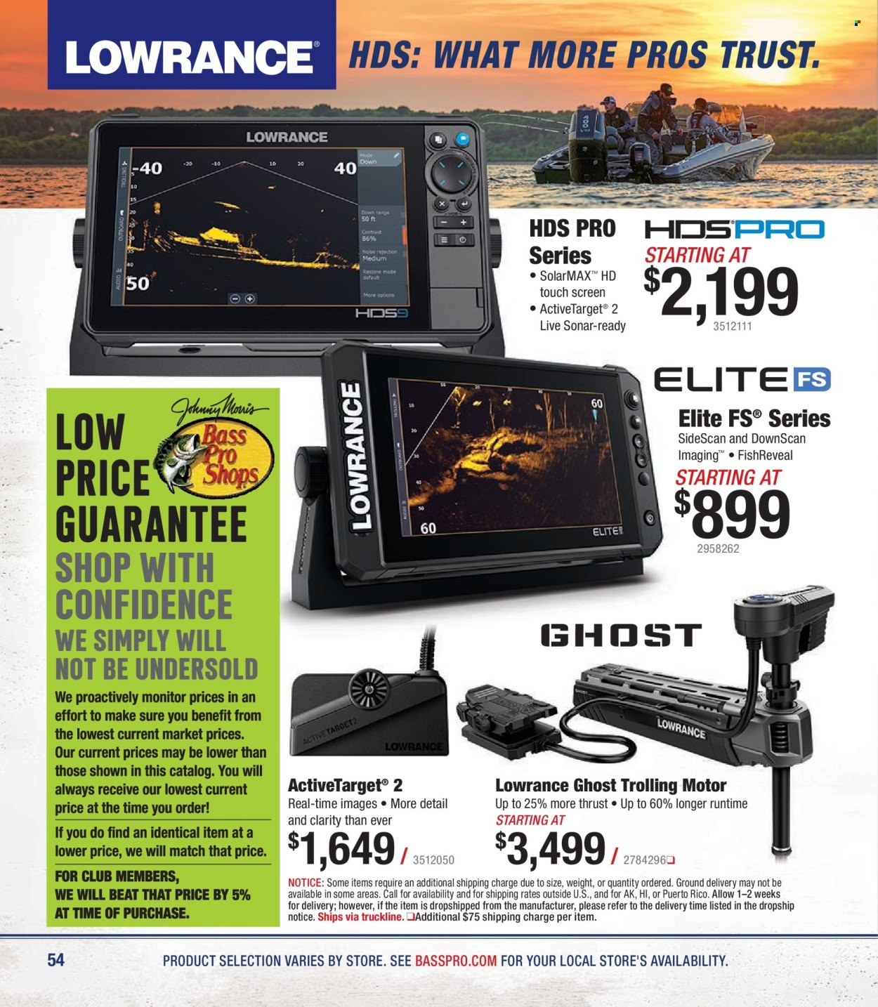thumbnail - Bass Pro Shops Flyer - Sales products - Trust, Lowrance, sonar. Page 54.