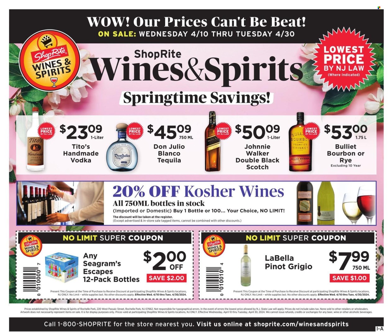 thumbnail - ShopRite Flyer - 04/10/2024 - 04/30/2024 - Sales products - white wine, wine, alcohol, Pinot Grigio, bourbon, tequila, vodka, whiskey, beer. Page 1.