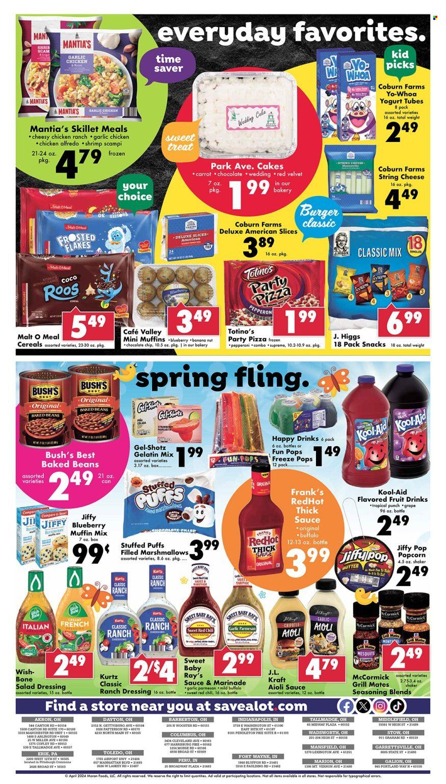 thumbnail - Save a Lot Flyer - 04/17/2024 - 04/30/2024 - Sales products - puffs, muffin mix, beans, shrimps, pizza, snack, hamburger, Kraft®, ready meal, sandwich slices, string cheese, yoghurt, ranch dressing, marshmallows, popcorn, malt, baking mix, baked beans, spice, seasoning, salad dressing, dressing, marinade, fruit drink, fruit punch, powder drink, chicken, gelatin. Page 2.