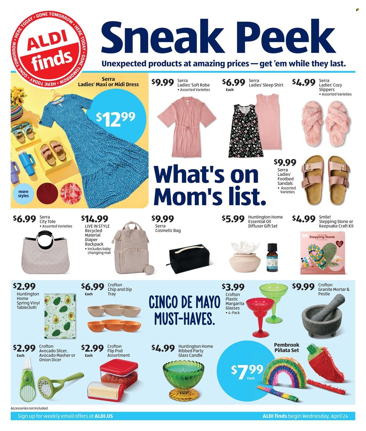 thumbnail - ALDI Flyer - 04/24/2024 - 04/30/2024 - Sales products - dress, robe, shirt, slippers, sandals, tote, backpack, cosmetic bag, gift set, diffuser, scented oil, craft supplies, tablecloth, dip, tray, avocado, slicer, candle, glass candle. Page 1.