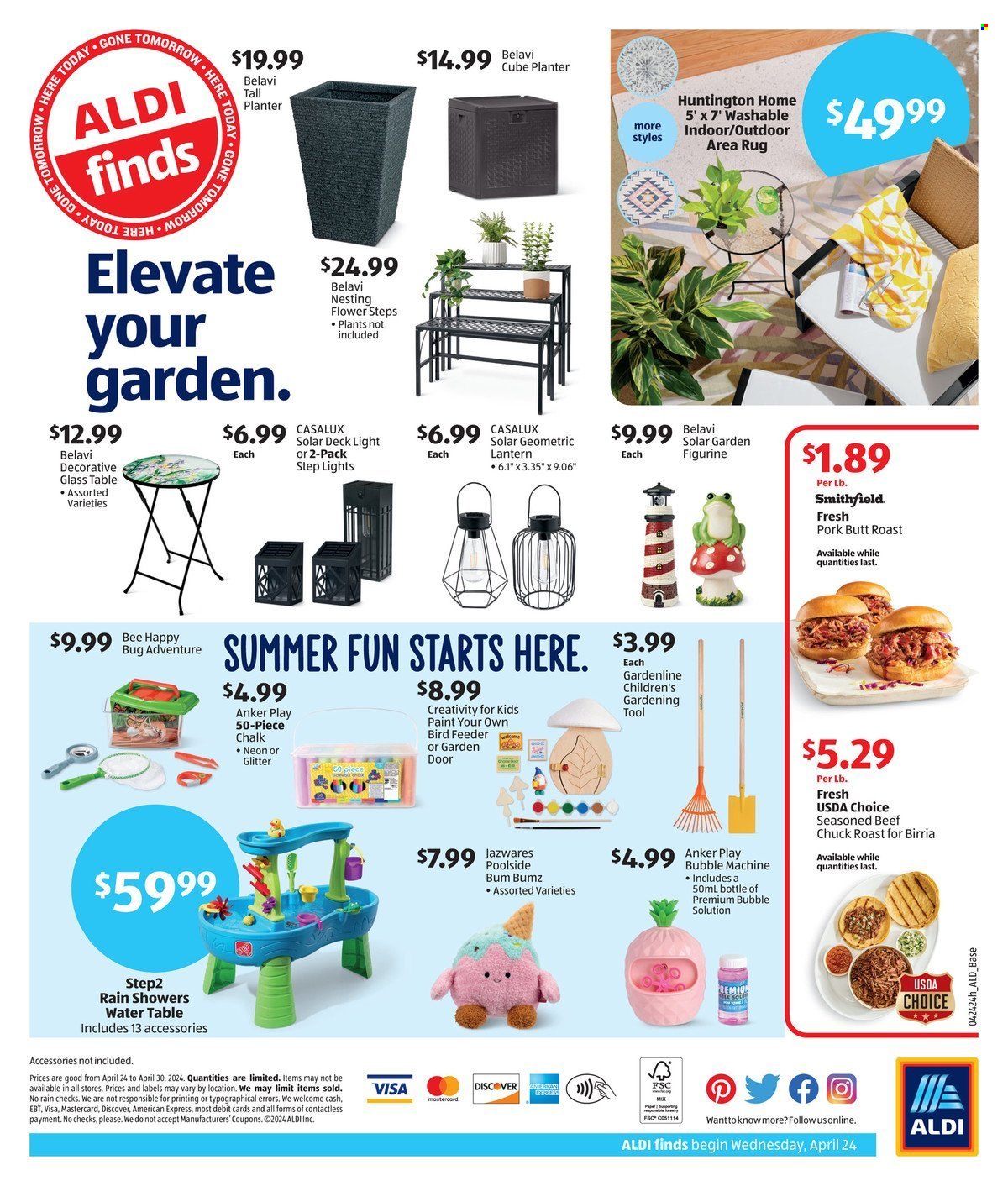 thumbnail - ALDI Flyer - 04/24/2024 - 04/30/2024 - Sales products - plant pot, rug, area rug, plant stand, table, lantern, garden decoration, Anker, bird feeder, gardening tools, bubble blower, roast, pork butt, beef chuck roast, beef meat, chuck roast. Page 2.