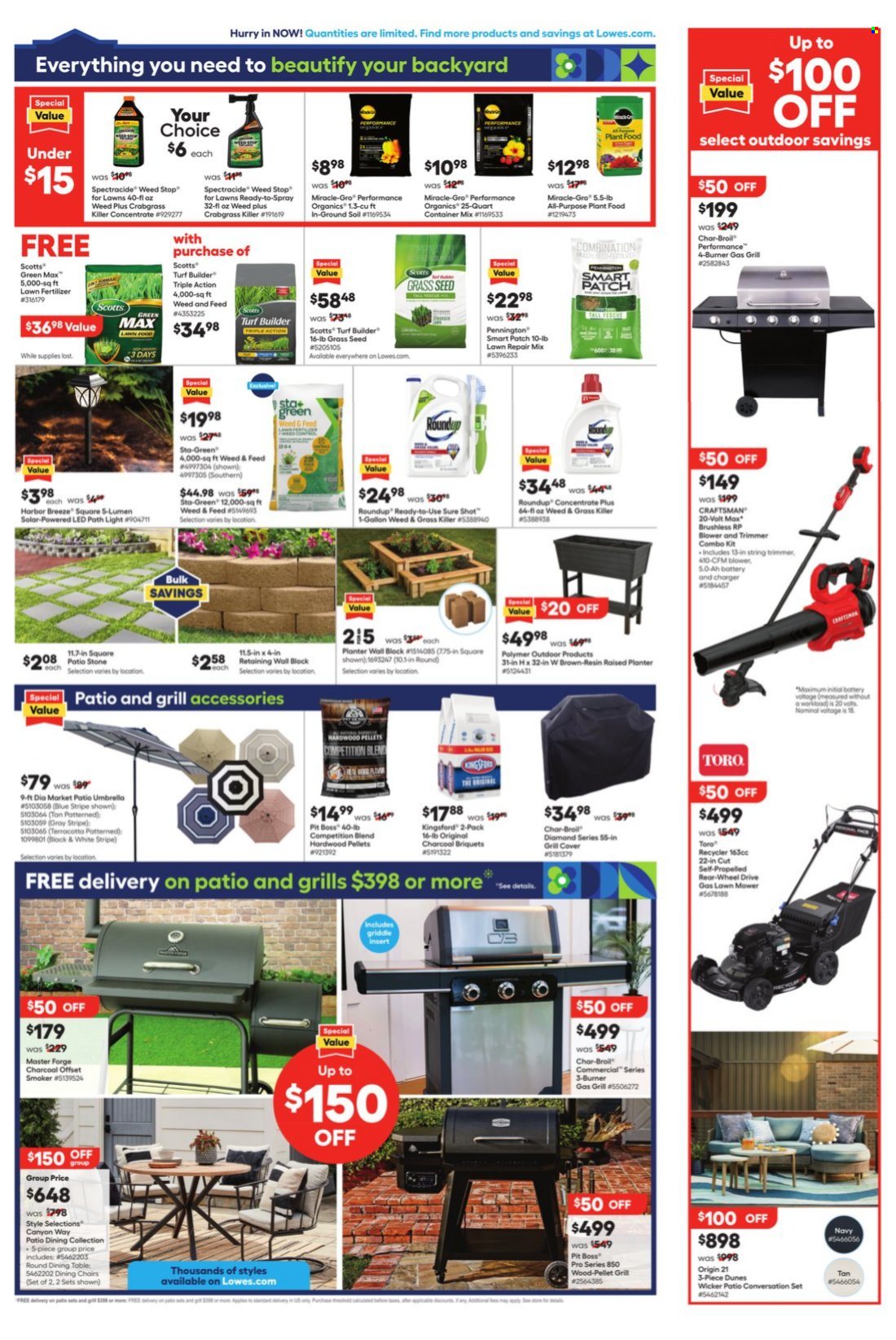 thumbnail - Lowe's Flyer - 04/18/2024 - 05/01/2024 - Sales products - Sure, gallon, container, table, chair, trimmer, Kingsford, Craftsman, string trimmer, lawn mower, combo kit, blower, umbrella, gas grill, smoker, pellet grill, briquettes, grill accessories, grill cover, grass seed, fertilizer, turf builder, plant pot, planter box, Roundup. Page 2.