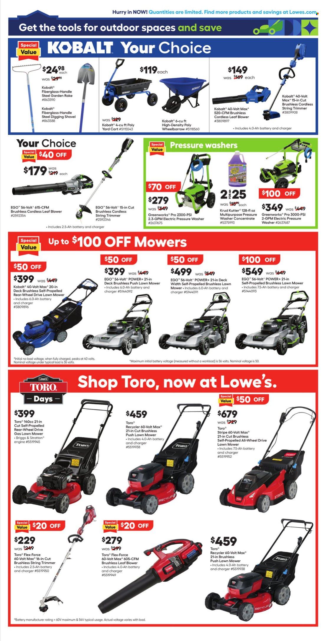 thumbnail - Lowe's Flyer - 04/18/2024 - 05/01/2024 - Sales products - Yard, trimmer, leaf blower, string trimmer, lawn mower, shovel, blower, wheelbarrow, cart, electric pressure washer, pressure washer, rake. Page 3.