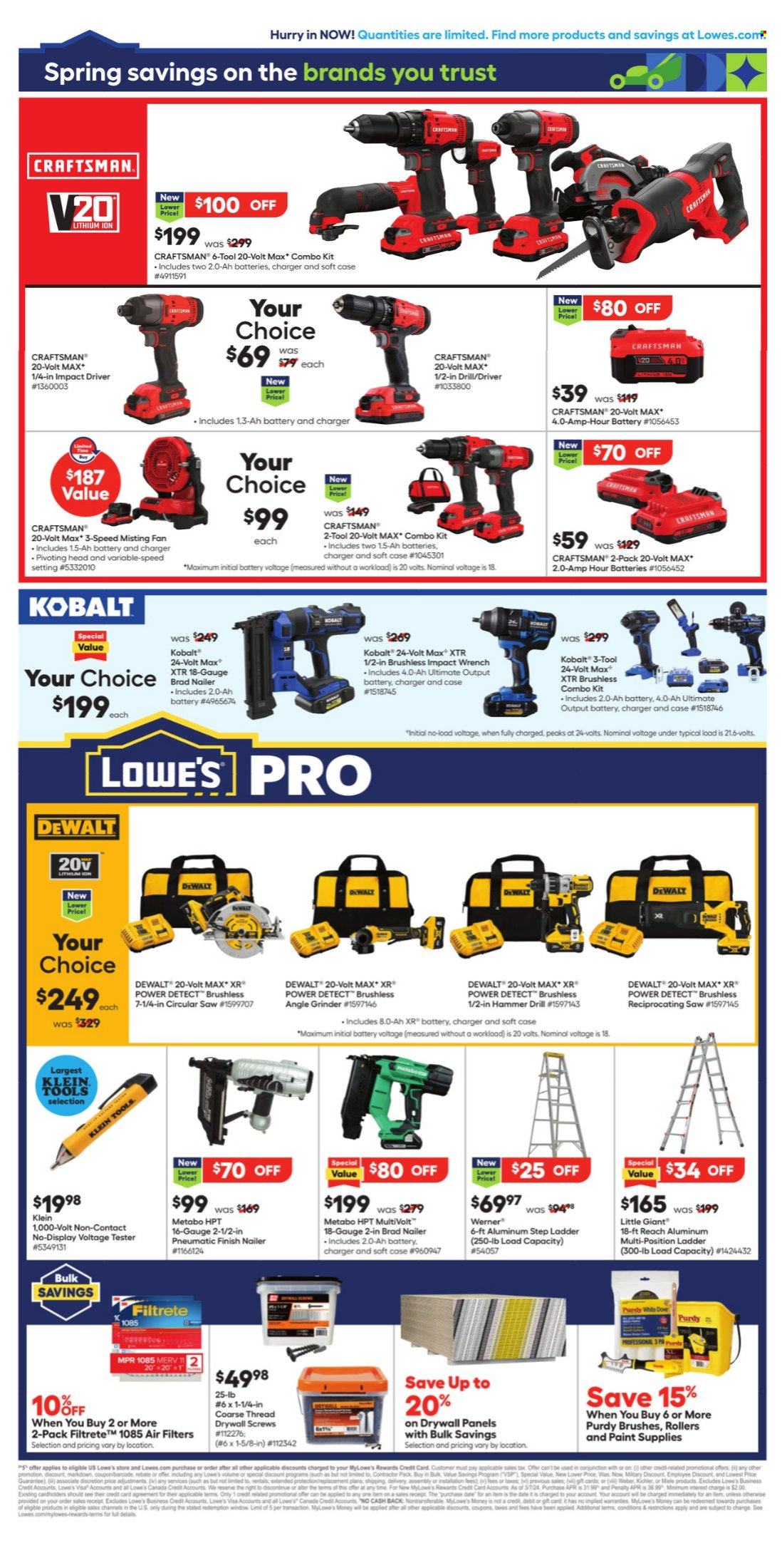 thumbnail - Lowe's Flyer - 04/18/2024 - 05/01/2024 - Sales products - DeWALT, Dove, nailer, air filter, thread, Miele, Filtrete, stepladder, paint, screw, drill, impact driver, Craftsman, hammer drill, impact wrench, circular saw, saw, angle grinder, reciprocating saw, combo kit, gauge, Weber. Page 4.