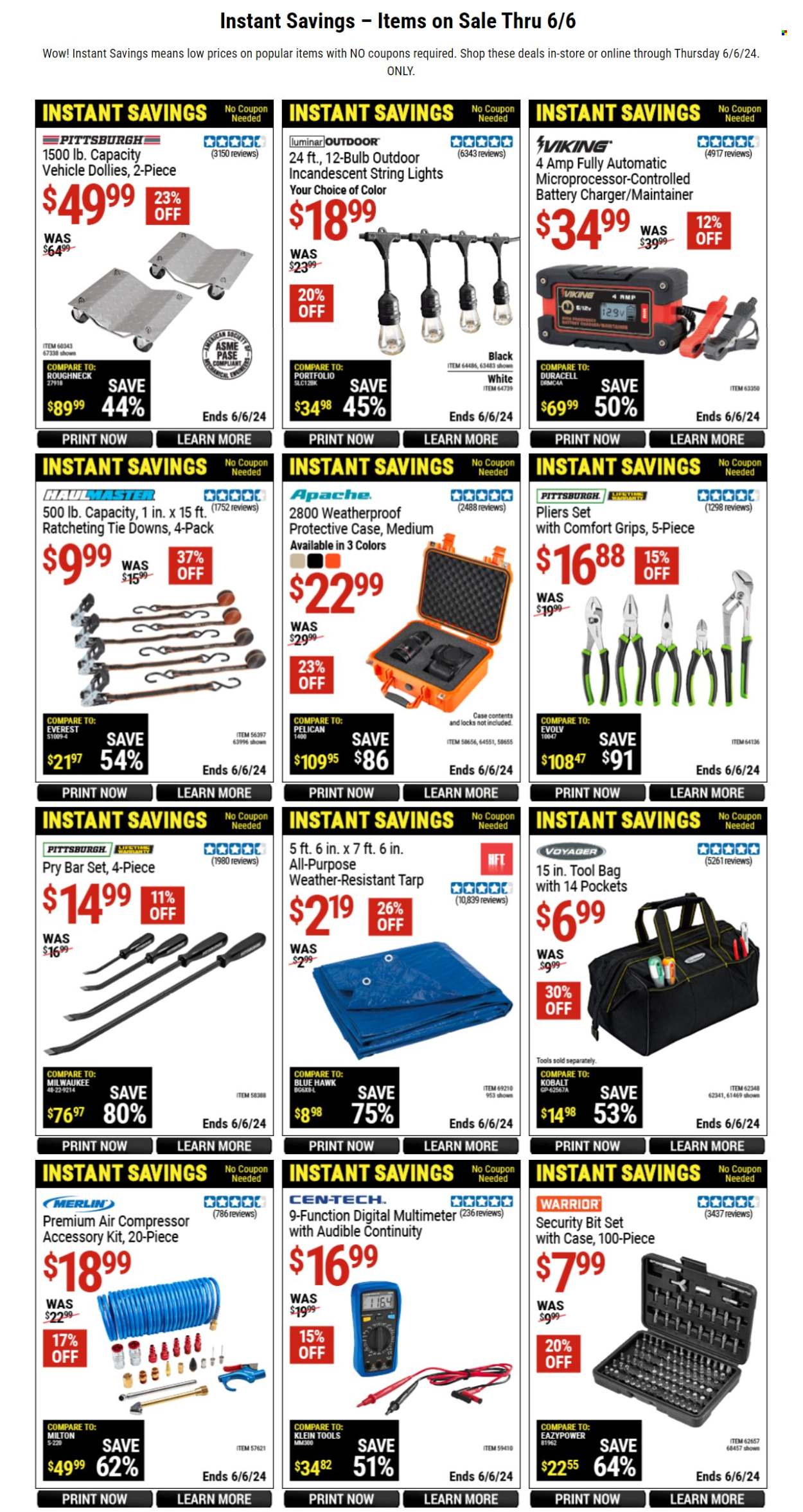 thumbnail - Harbor Freight Flyer - 04/17/2024 - 06/06/2024 - Sales products - compressor, battery charger, bulb, Duracell, bag, string lights, digital multimeter, Milwaukee, pliers, pry bar, air compressor, tool bag, bit set, weather-resistant tarp, tie downs. Page 1.