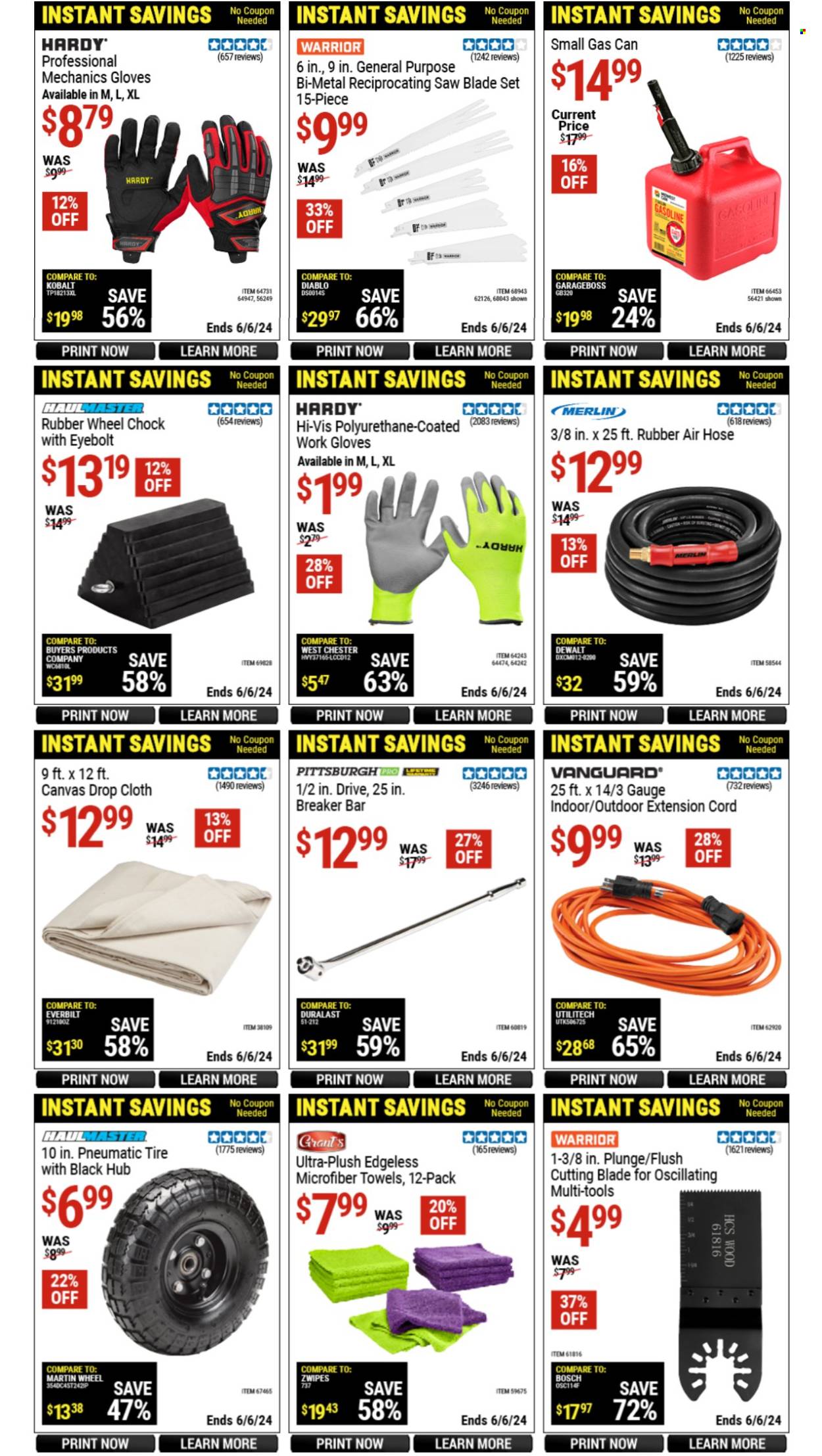 thumbnail - Harbor Freight Flyer - 04/17/2024 - 06/06/2024 - Sales products - saw, reciprocating saw blade, work gloves, extension cord, air hose, gauge, Duralast, microfiber towel. Page 2.