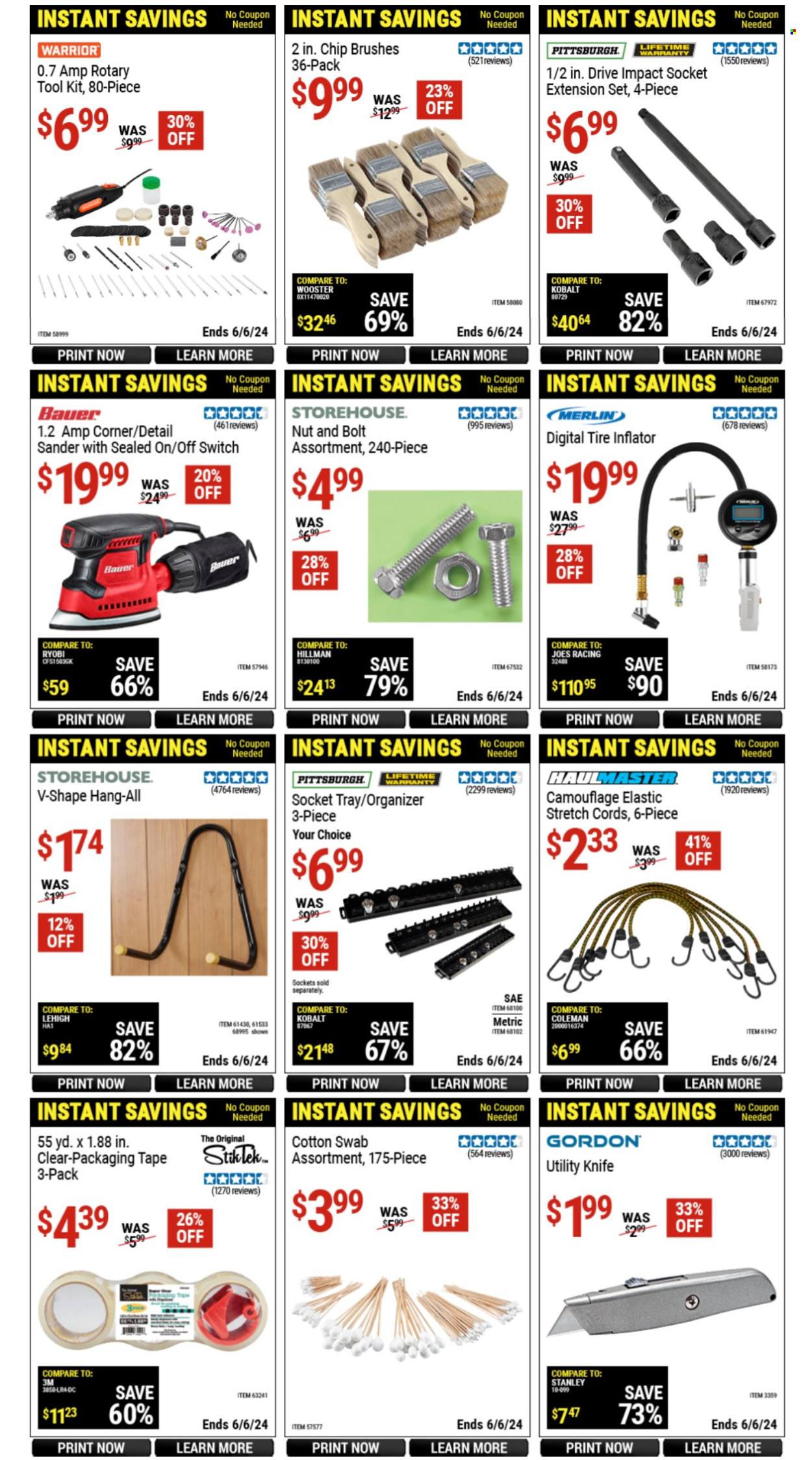 thumbnail - Harbor Freight Flyer - 04/17/2024 - 06/06/2024 - Sales products - shipping tape, Coleman, switch, bolt, rotary tool, tool set, utility knife, tire inflator. Page 3.