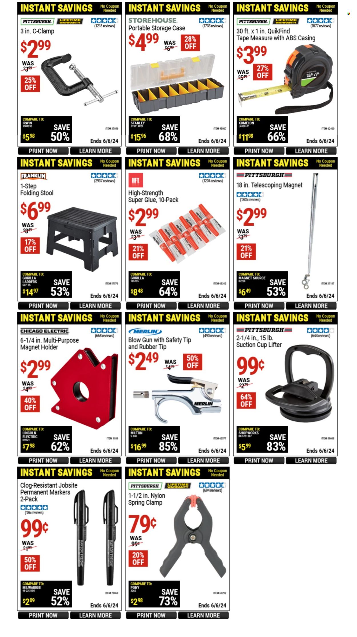 thumbnail - Harbor Freight Flyer - 04/17/2024 - 06/06/2024 - Sales products - holder, gun, glue, Milwaukee, measuring tape, clamp. Page 4.
