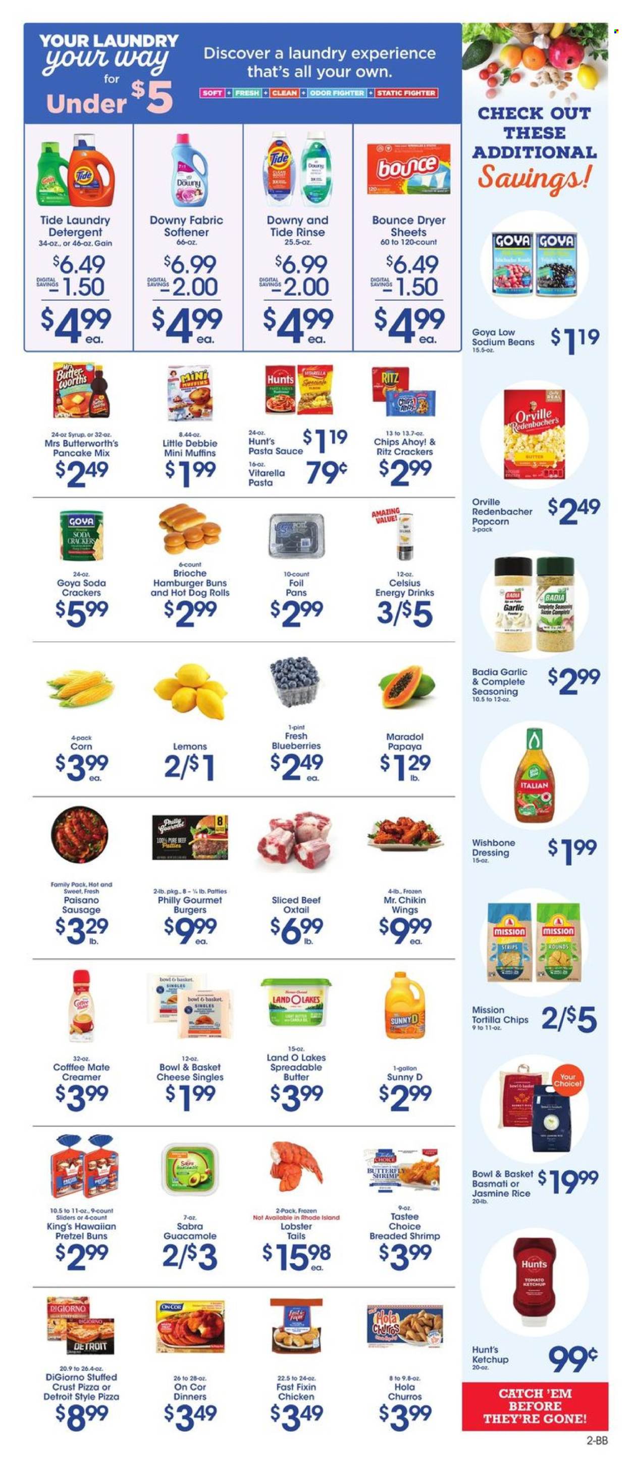 thumbnail - Price Rite Flyer - 04/19/2024 - 05/02/2024 - Sales products - Fast Fixin', hot dog rolls, muffin, buns, burger buns, brioche, Bowl & Basket, churros, pancake mix, beans, blueberries, papaya, lobster, lobster tail, shrimps, pizza, pasta sauce, spaghetti sauce, ready meal, breaded shrimps, guacamole, spreadable butter, creamer, crackers, Chips Ahoy!, RITZ, tortilla chips, popcorn, Goya, Badia, basmati rice, rice, jasmine rice, spice, seasoning, ketchup, dressing, syrup, energy drink, fruit drink, Sunny D, beef meat, oxtail, detergent, Gain, Tide, fabric softener, laundry detergent, Bounce, dryer sheets, Downy Laundry, gallon. Page 2.